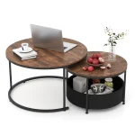 Tangkula Round Nesting Coffee Table Set of 2 with Fabric Storage Basket & Metal Frame