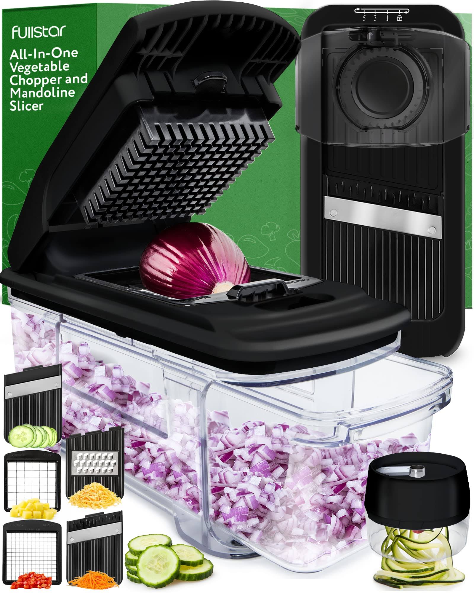 8cc2a9c708615d028055aa41320f30815c6721fd36892228268656eaf72f9eec.jpg Fullstar All-in-1 Vegetable Chopper, Mandoline Slicer & Cheese Grater - Multi Blade French Fry Cutter & Veggie Dicer - Includes Bonus Handheld - Image 1