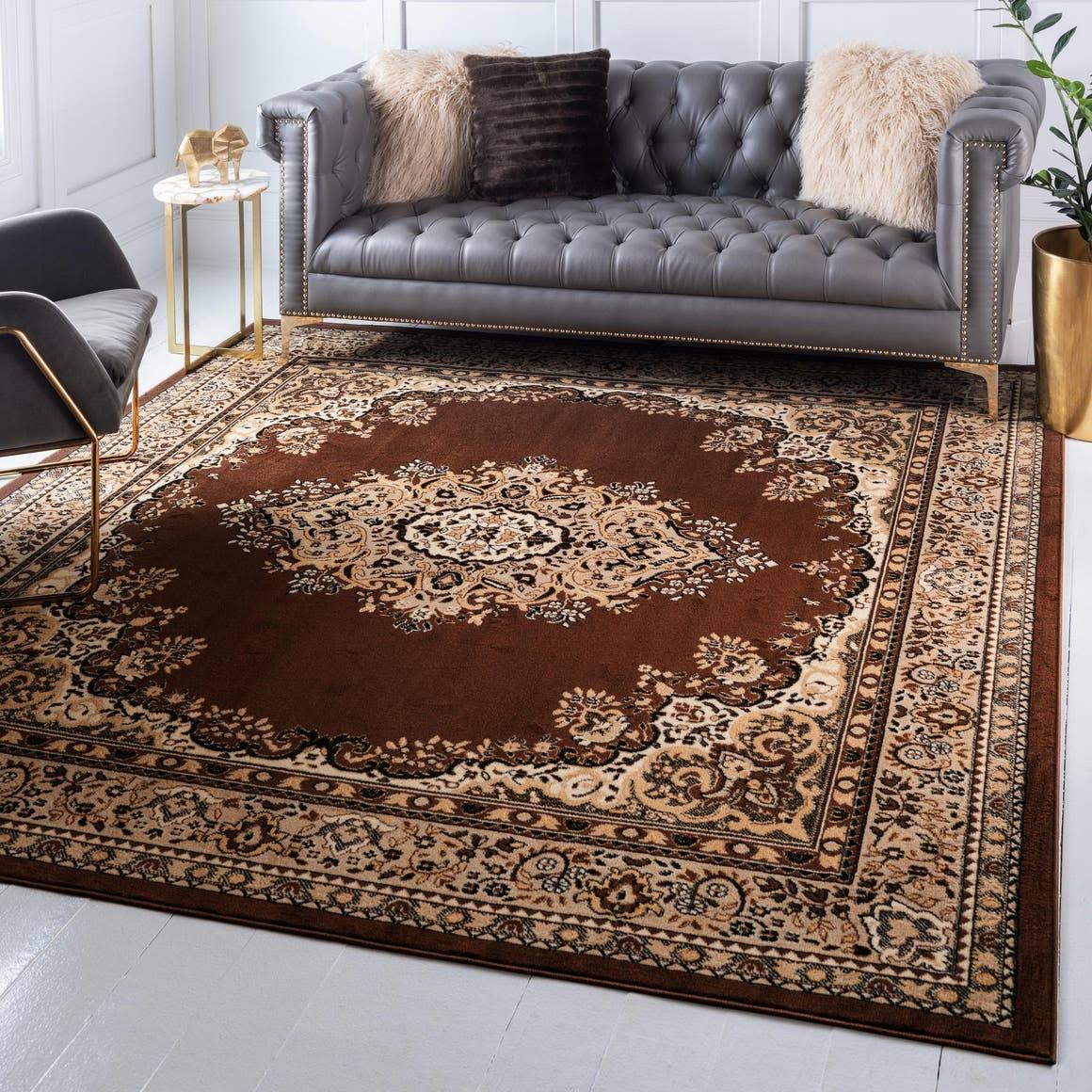 8cd9321c55abd6e61e02b407b7614204f926caa481ac05123a775f314214f834.jpg Mashad Design 5 ft Square Brown Area Rug - Image 1