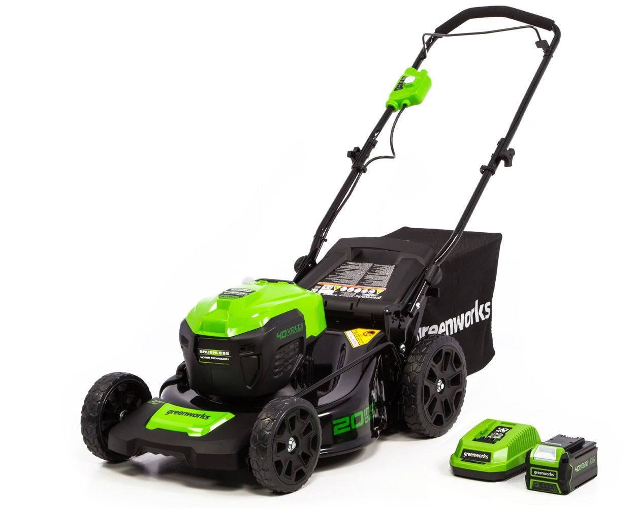8d240851ad04c4fe2c226be141c8812fc6431d6ec061933237be11451967c4d6.jpg Greenworks 40V 20 in. Cordless Brushless Push Lawn Mower with 4.0 Ah Battery and Quick Charger, 2516302 - Image 1
