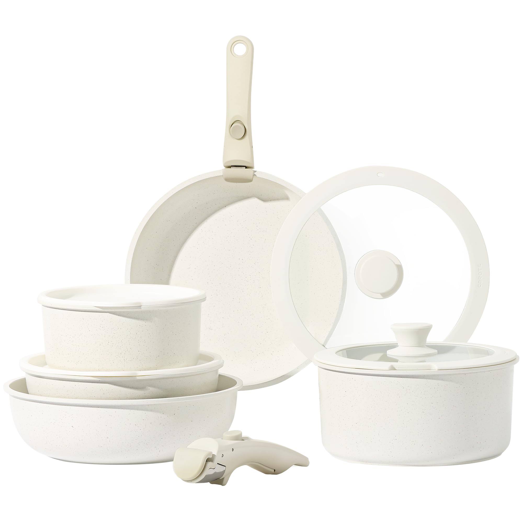 8d30fdabf031ae20fd8903311fb87b110537fd803e7d16ce710d41d4dfcbe1ac.jpg Carote 11pcs Pots and Pans Set, Nonstick Cookware Sets Detachable Handle, Induction RV Kitchen Set Removable Handle, Oven Safe, Cream White - Image 1