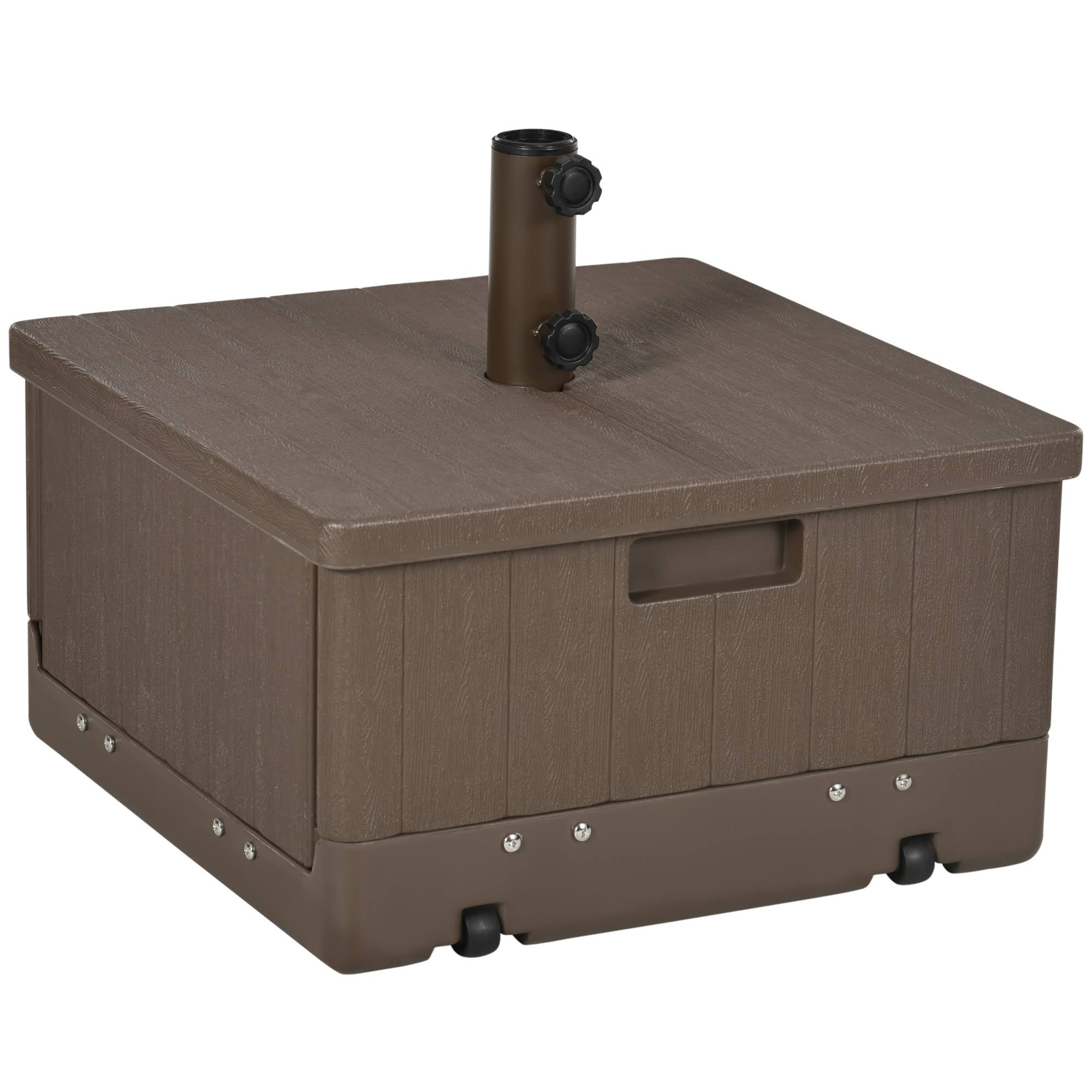 8d8fe22f48bb440e75298b832fa3b852fc575cc02793004e46d8351f59783e19.jpg Outsunny 3-in-1 Outdoor Umbrella Base, Coffee End Table, Flower Box Planter, 175lbs Capacity Patio Umbrella Stand Table with Wheels and Handles, Brown - Image 1