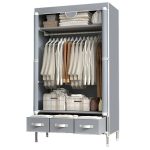 Assica Portable Clothes Closet Rolling Door Wardrobe with Hanging Rack Non-Woven Fabric Storage Organizer with Three Drawer Boxes No-Tool Assembly - 3