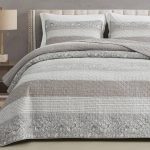 Chezmoi Collection Robyn 3-Piece Neutral Taupe Gray White Floral Hibiscus Flower Patchwork Striped Quilt Set - Pre-Washed Cotton Coverlet - Lightweig