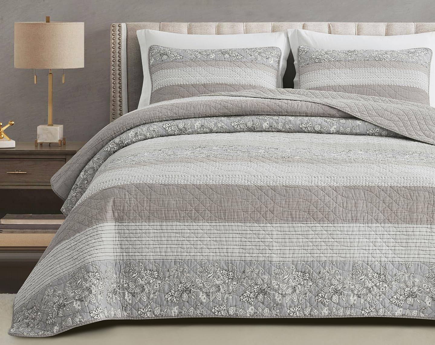 8e72a3b27048edfeb03a73d6f43a6d683cfd642debb4cff41cc7c804ea9d2578.jpg Chezmoi Collection Robyn 3-Piece Neutral Taupe Gray White Floral Hibiscus Flower Patchwork Striped Quilt Set - Pre-Washed Cotton Coverlet - Lightweig - Image 1