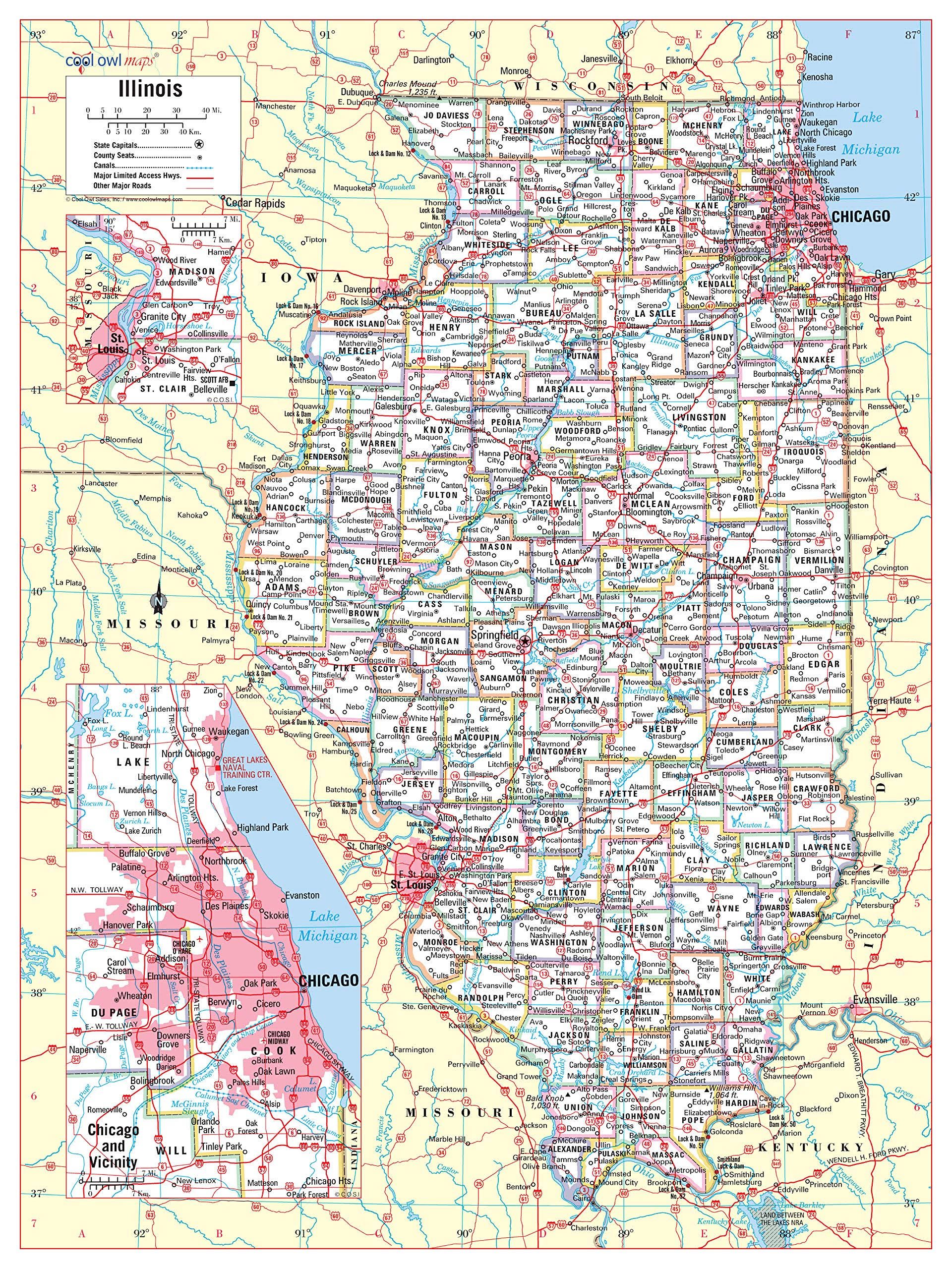 8e9a8a0844f43be767af2d6294f2a6e5727195f20e5f79ab3ca34b9e901f0c6d.jpg Cool Owl Maps Illinois State Wall Map Poster Large Print Rolled 24"Wx30"H (Laminated) - Image 1