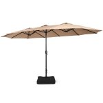 Costway 15ft Double-Sided Twin Patio Umbrella Outdoor Market w/ Crank & Base Coffee, Brown