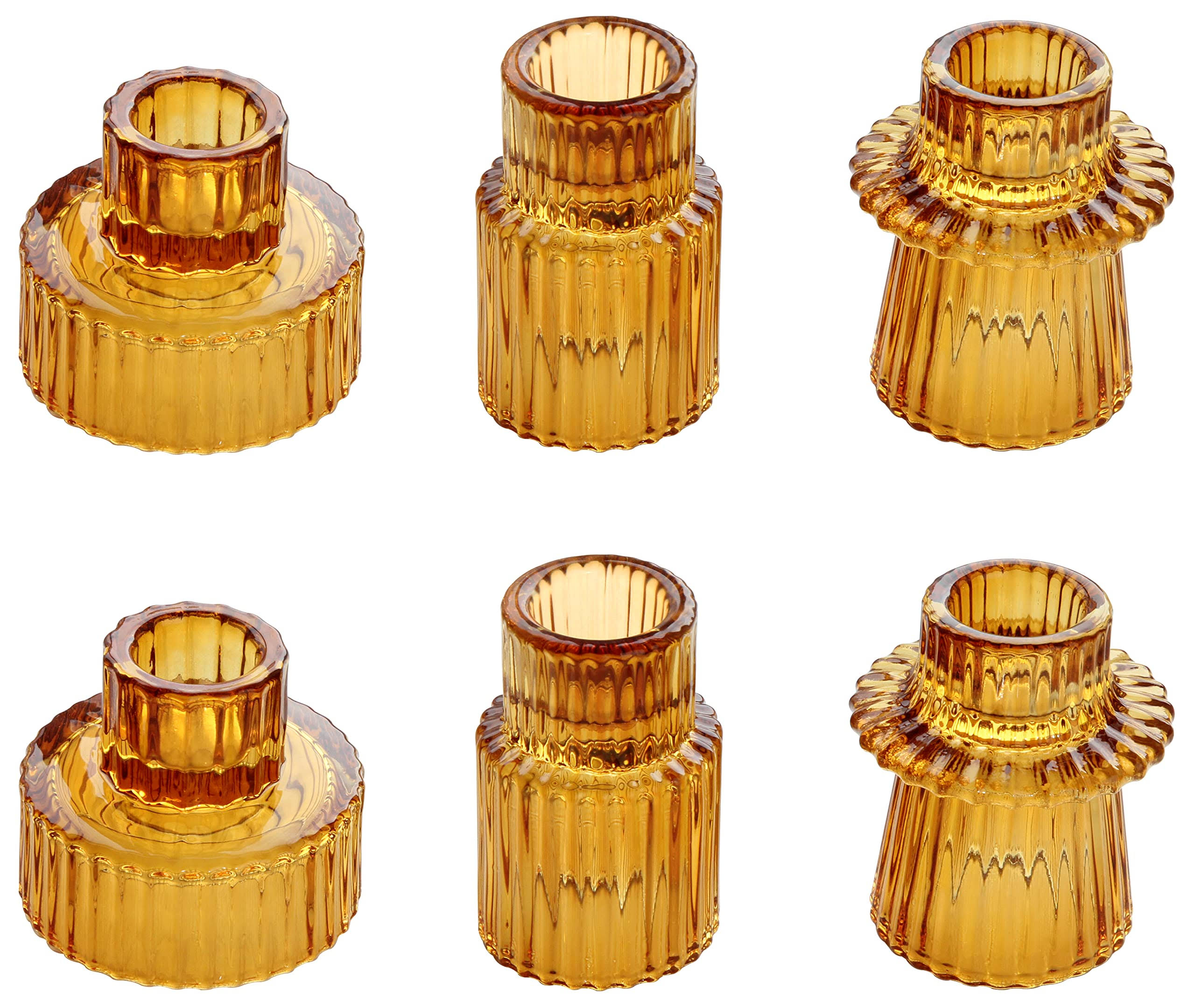 8ec0bdbfb09c3548096a8b6ba14943b0c408f74a7b6a882432d4b9677b0fa26f.jpg Vixdonos Taper Glass Candlestick Holders Tealight Candle Holders for Table Centerpieces, Wedding Decor and Dinner Party (6 Pcs, Amber) - Image 1