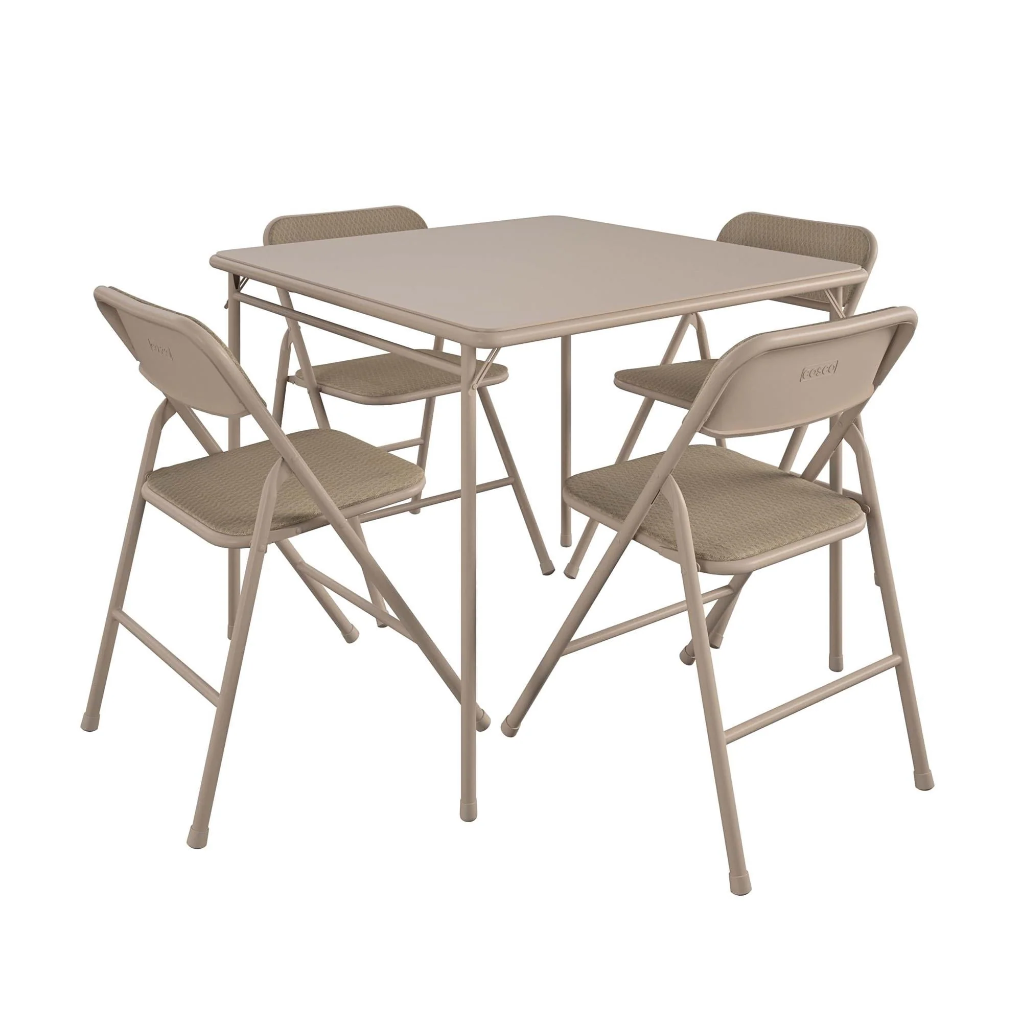 8ecbff9aecde6f31d0501443c0441c87ed87f02b1f9e6265a38c9cb60ddba711.webp COSCO 5 - Piece Folding Dining Set with Card Table and 4 Fabric Padded Chairs, Tan - Image 1