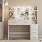 Makeup Vanity with Mirror and Lights, 3 Lighting Colors, Bedroom Vanity Table with Charging Station, White Make up Desk with 5 Drawers Storage and Open Shelves