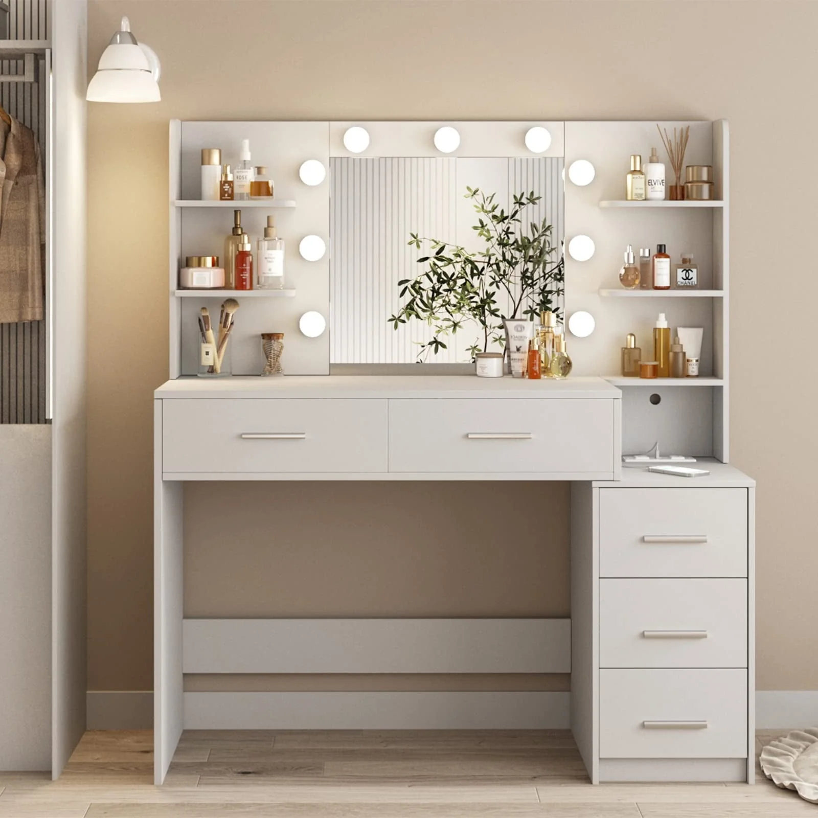 8ef478b5baf6a4aef78e844ebed1a193c371c1bea69cc1c500935846d7f468ec.webp Makeup Vanity with Mirror and Lights, 3 Lighting Colors, Bedroom Vanity Table with Charging Station, White Make up Desk with 5 Drawers Storage and Open Shelves - Image 1