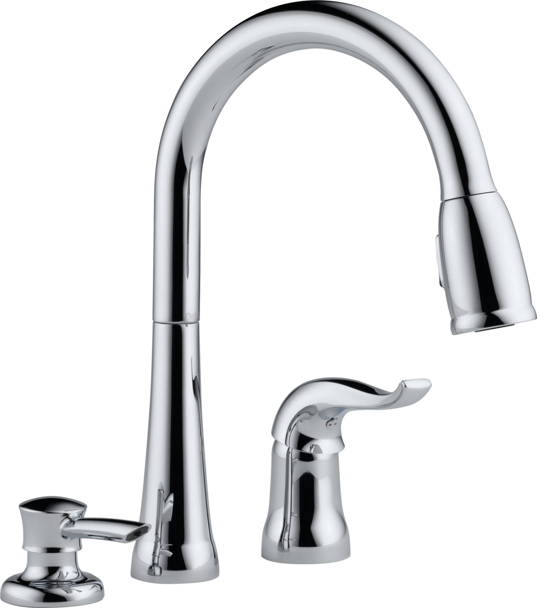 8fb4af95a8c0a7487c87de241af71292ab5acf07bbcb0e77726d9fcd3d293280.jpg Delta Kate 16970-SD-DST Single Handle Pull Down Kitchen Faucet with Soap Dispenser - Chrome - Image 1