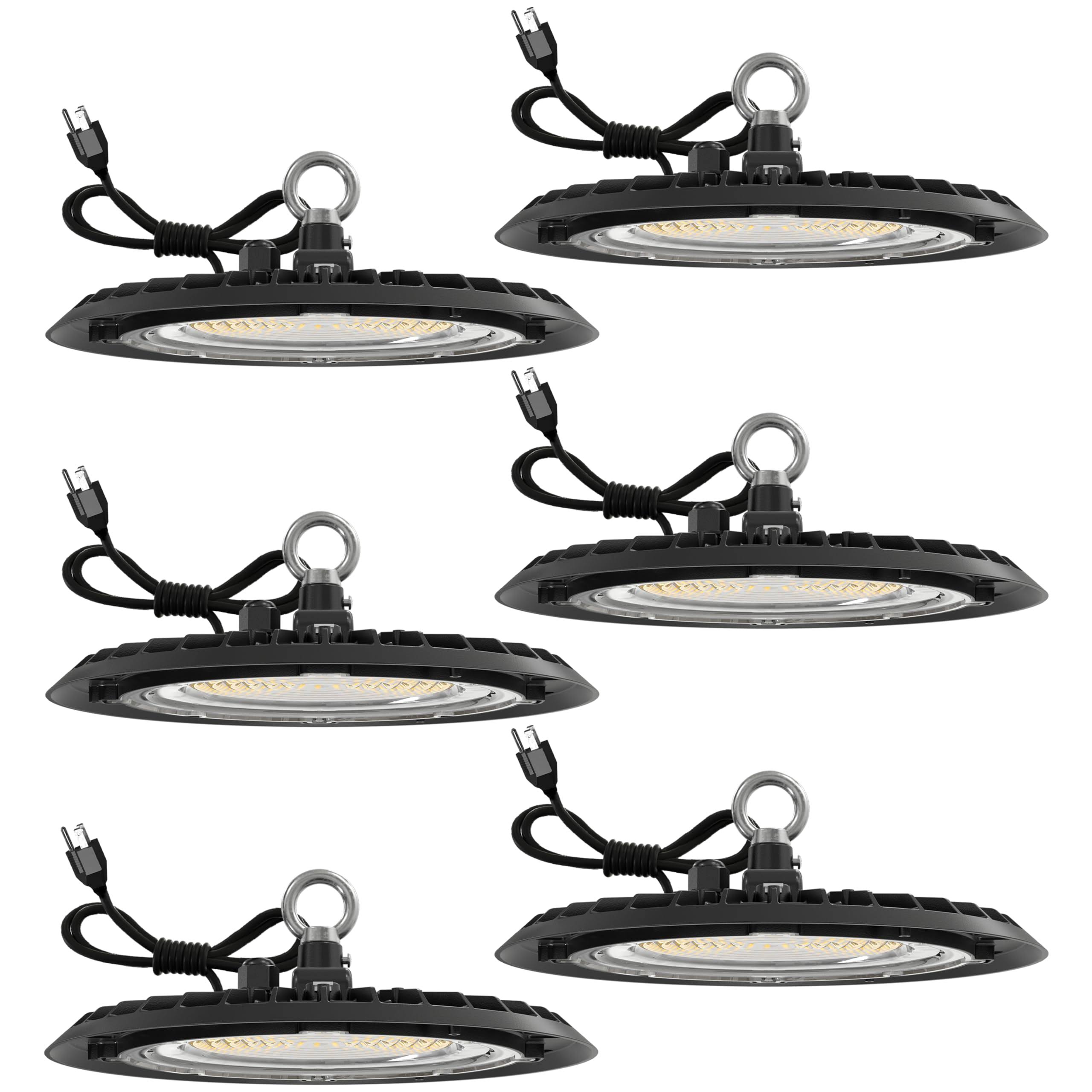 9006fff0833792369b86624f911a617cc043ccba3f297a39aa0f6e6dce0a35c1.jpg Sunco Lighting 6 Pack Ufo LED High Bay Light, Plug & Play Lighting for Warehouse, 5000K Daylight, 150W, Power Cord Included, 19500 lm, 120VAC, IP65 - Image 1