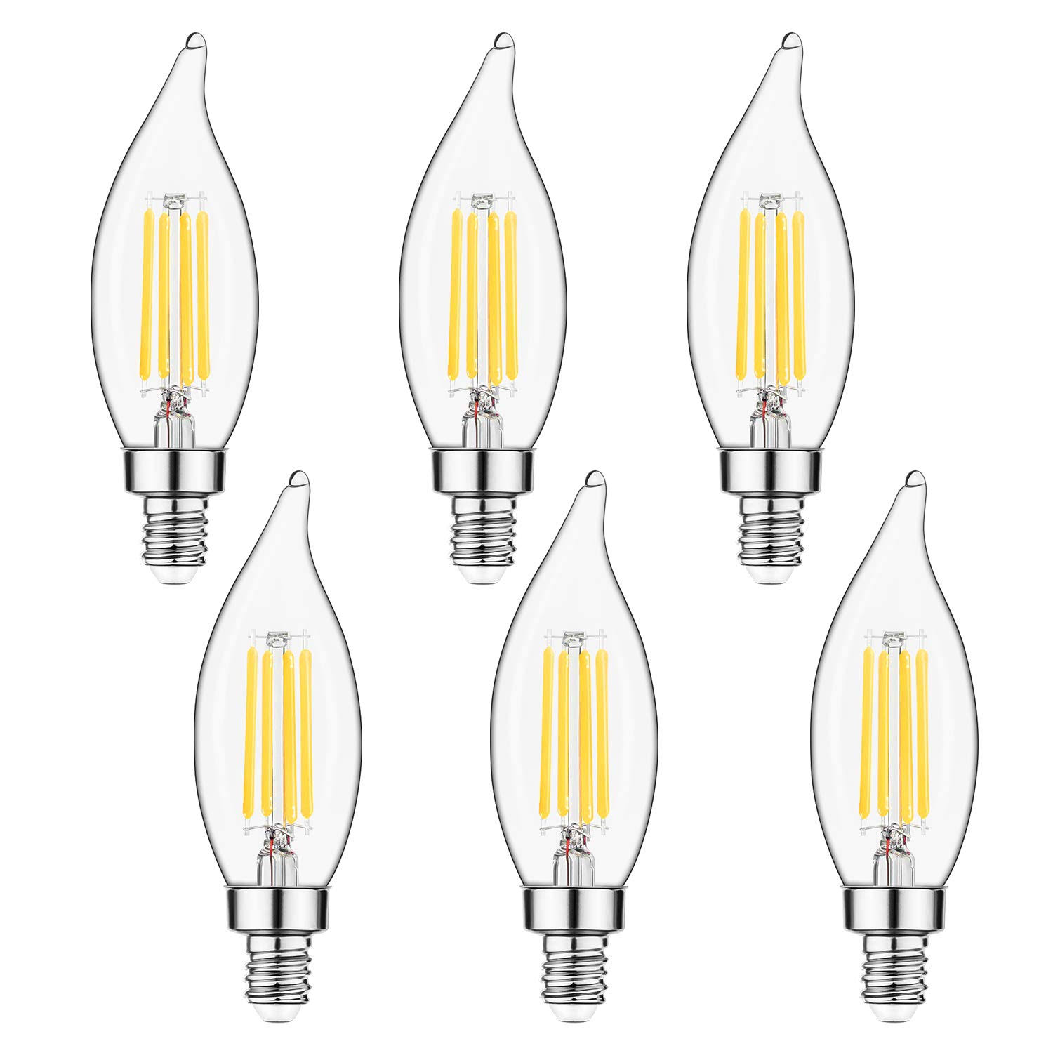 905df1537fda350dd6e51d4cd24886c287785259bad79da9bf6b2518773b96e0.jpg Sigalux Kawer E12 Candelabra LED Bulbs Dimmable 60W Equivalent LED Chandelier Light Bulbs 4.5W Soft White 2700K 500lm B10 Flame Tip Vintage LED Filament Candle - Image 1
