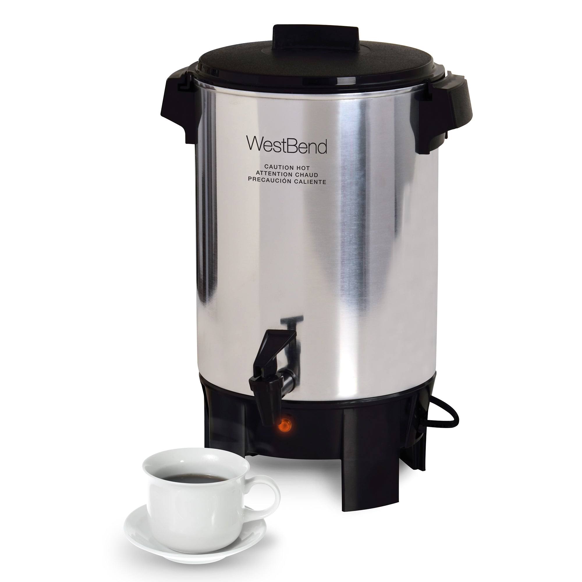 90703fdd545b6865394c7334dd669cc58aa0de701b52d3c053746ac91afc5425.jpg West Bend Coffee Party Percolator, Polished Aluminum, 30 Cup Capacity - Image 1