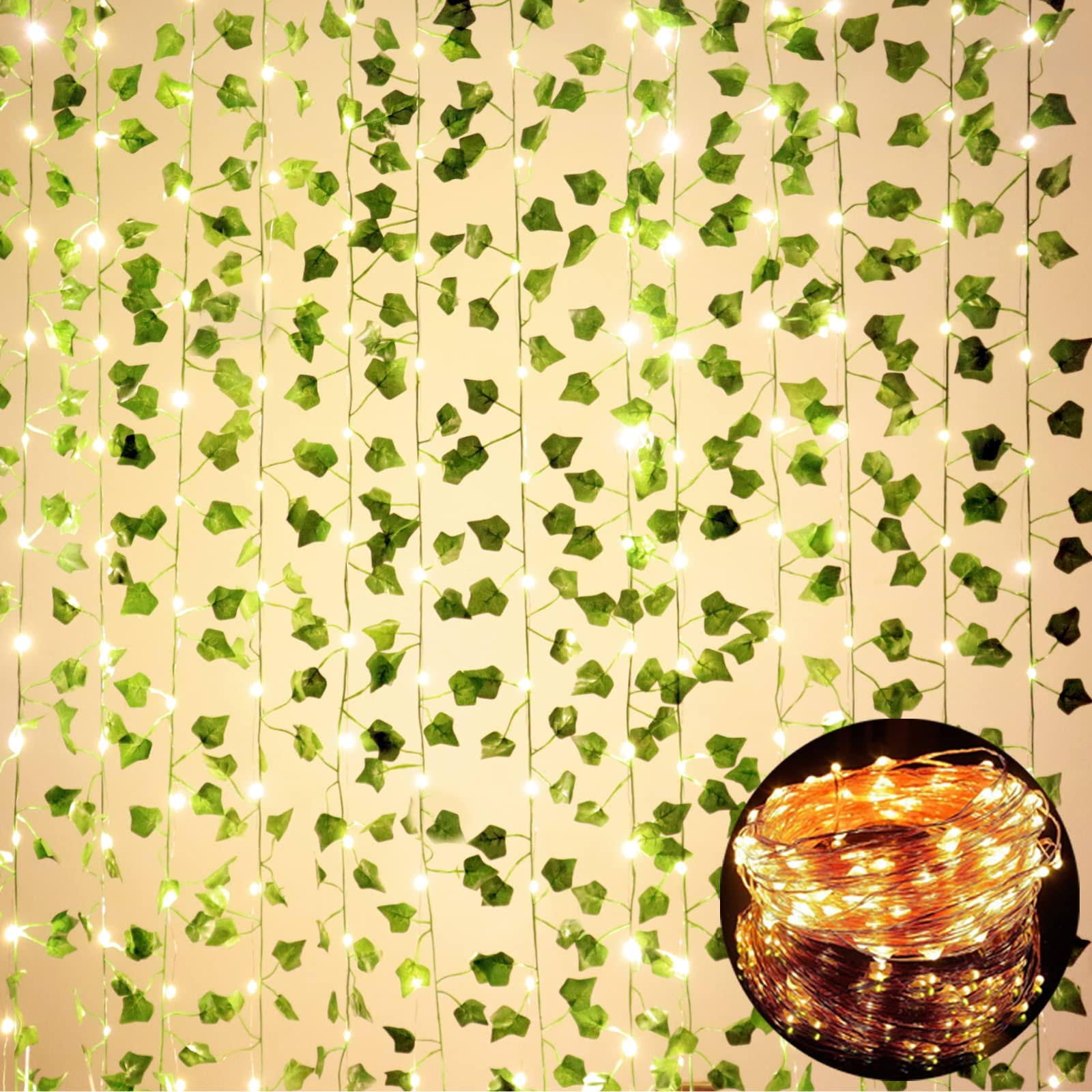 9082ee9082be268f12cbbe587495a5c5d31f3567201166d6bb275f31a3b679f4.jpg Comtelek 12 Pack Fake Vines for Room Decor with 100 LED String Light Artificial Ivy Garland Hanging Plants Faux Greenery Leaves Bedroom Aesthetic - Image 1