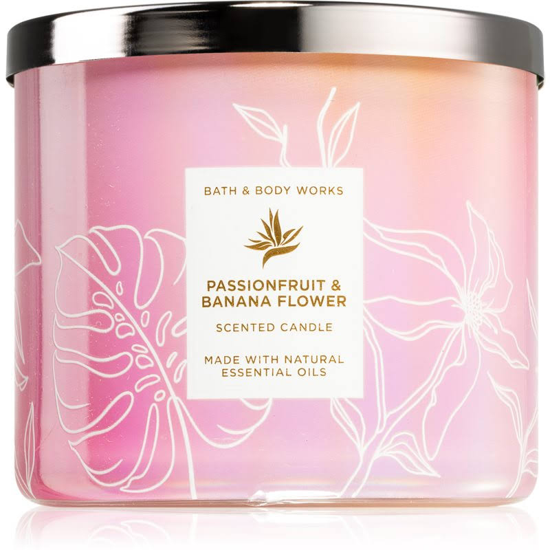 90bca1257a9e13861f68d65db3ad60adf6965a5a189b1f2868ecac89ff391476.jpg Bath & Body Works Accents | Passionfruit Banana Flower Bath & Body Works 3-Wick Scented Candle | Color: Pink/White | Size: Os | Leslie101057's Closet - Image 1