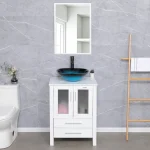 Eclife 24"w x 20"d x 32"h Classical Bathroom Vanity Vessel Sink Set with Faucet, Mirror White Vanity and Ocean Blue Square Glass Sink Pop up Drain Combo