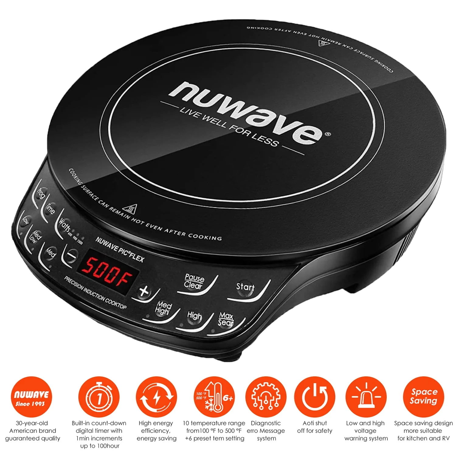 918118d78cca7e9a13fff637dc3382caaa77b72e353cf536ccf0f74551fbdd2d.webp Nuwave Portable Induction Cooktop Flex with 10.25 - Inch Shatter - Proof Ceramic Glass, Large 6.5 - Inch Heating Coil, 3 Wattage Settings 600, 900 & 1300 Watts - Image 1