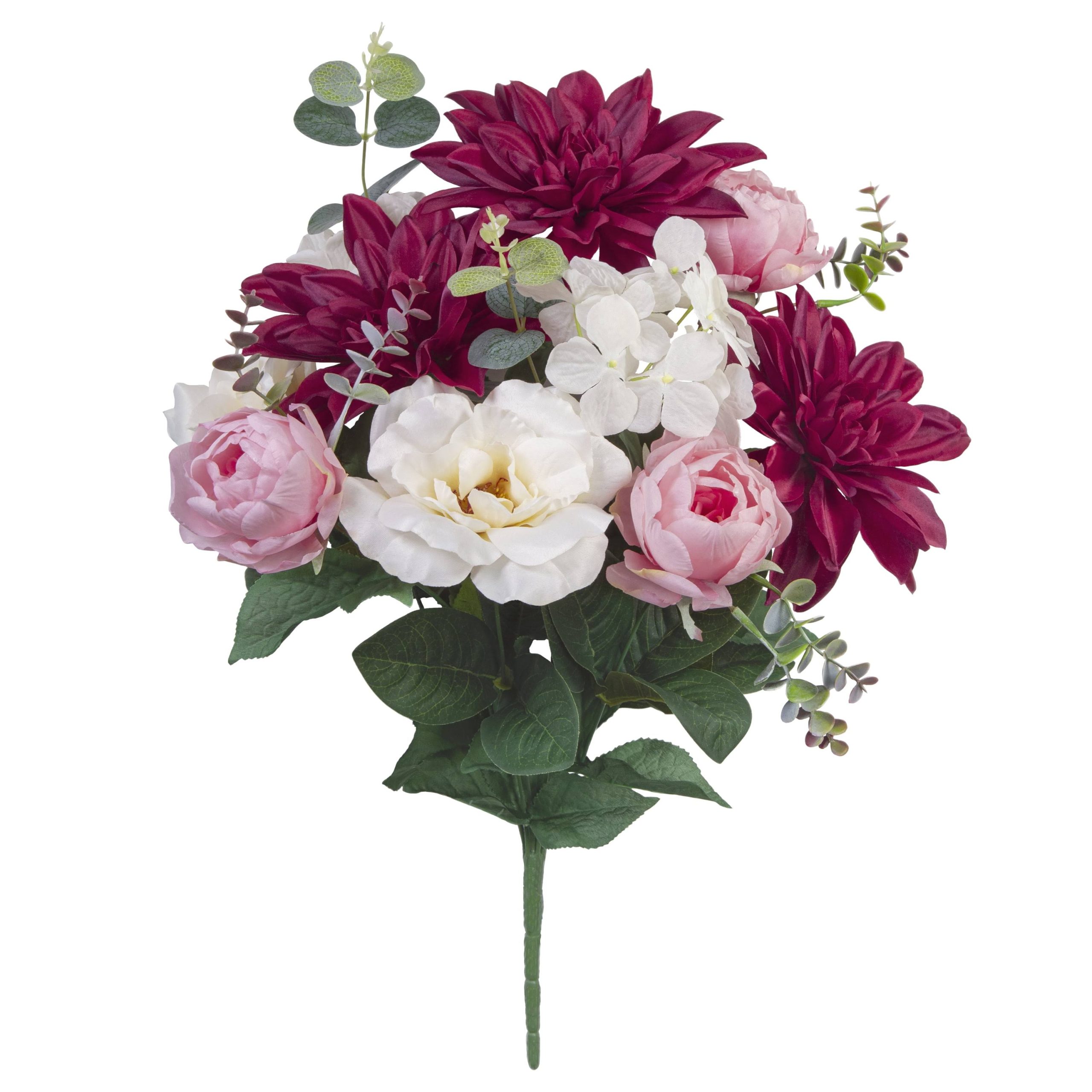9185d7e6ff620978ccd92c198aa644eb6788363a123b01bc47815b9e9a2a2852.jpg 19-inch Artificial Silk Burgundy Dahlia & White Tea Rose Mixed Flower Bouquet, for Indoor Use, by Mainstays, Size: 19 inch - Image 1
