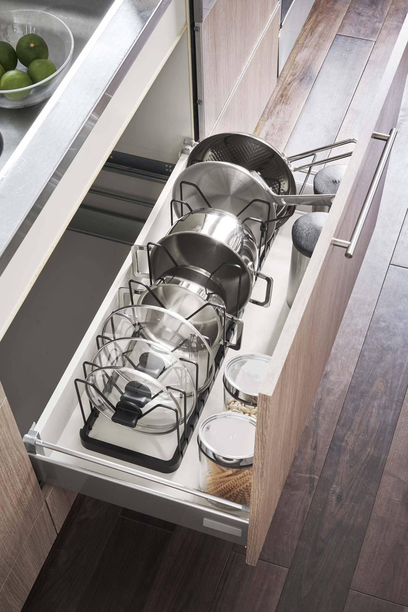 91b2a4f574acb91b0749b2d032ac402773d2616da511c57f4c6cb01c6ca29797.jpg Yamazaki Home Adjustable Pot Lid Organizer - Steel - Black - Image 1