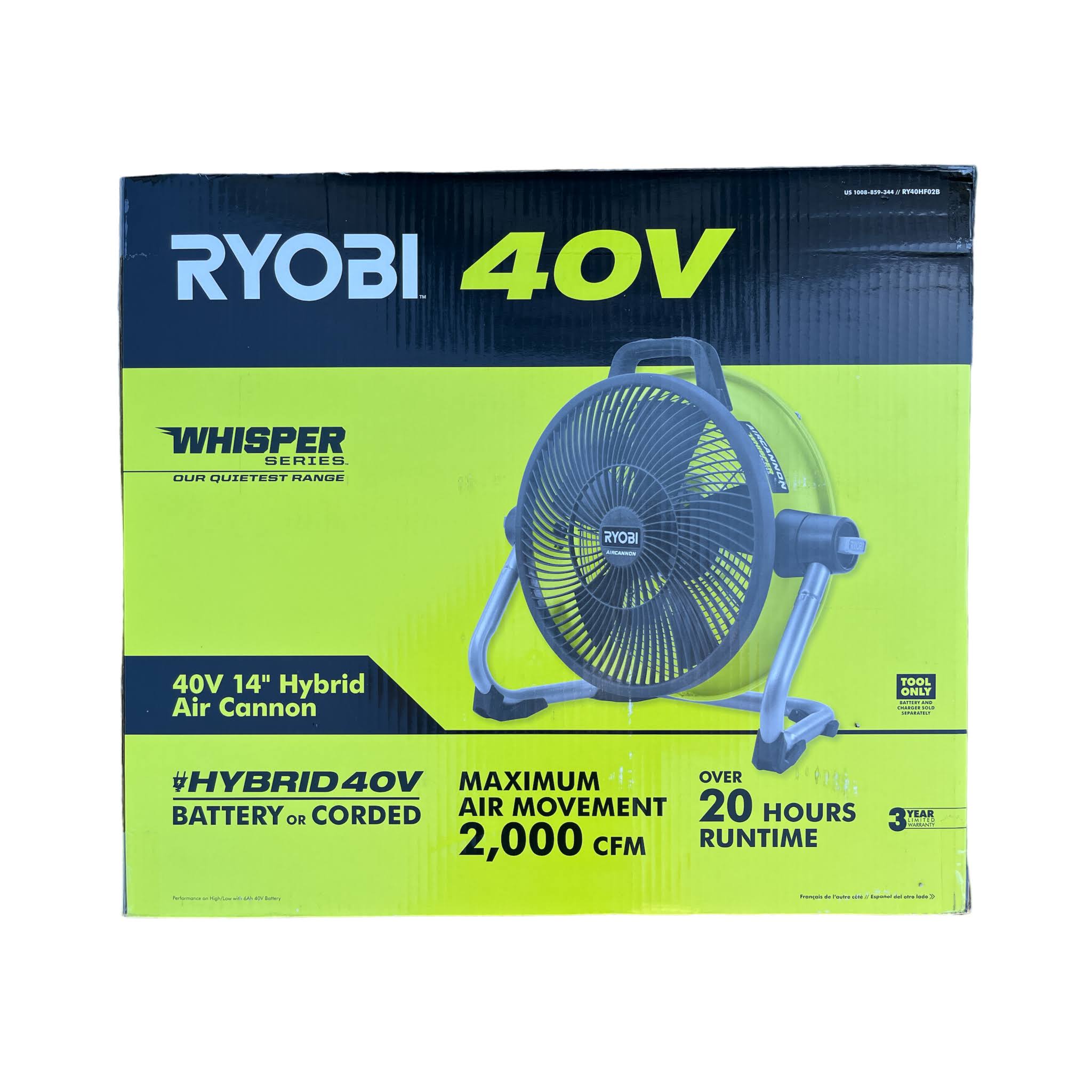 920adc72555963de2f9957eefc670f19b7754708056d1aadbc00fa505739b238.jpg Ryobi 40-Volt 14 in. Cordless Hybrid Whisper Series Air Cannon Fan (Tool Only) - Image 1
