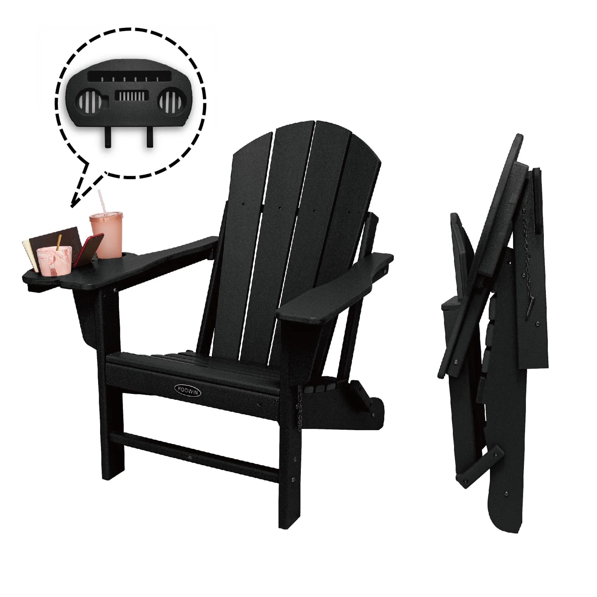 9268e7e9309825d044e717320a65a240f933604c6e47374b3c73b5c788eefce7.webp Folding Plastic Adirondack Chair with 4 in 1 Cup Holder Tray Plastic Adirondack Chairs Weather Resistant Lawn Outdoor Firepit Chairs, Black - Image 1
