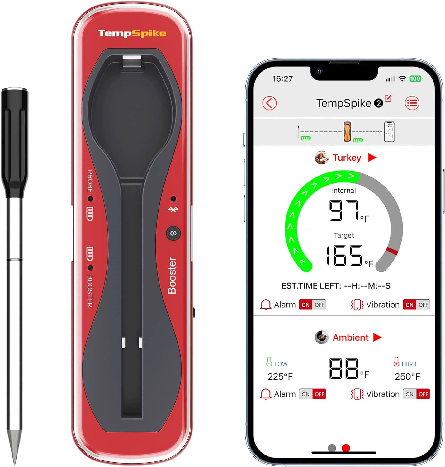 929902497c85e93424c1f6d95cb632117a0adeaccffb938daca5f7ff4a2cb53a.jpg ThermoPro TempSpike Bluetooth Grill Thermometer with Wire-Free Probe - Red/Black - Image 1