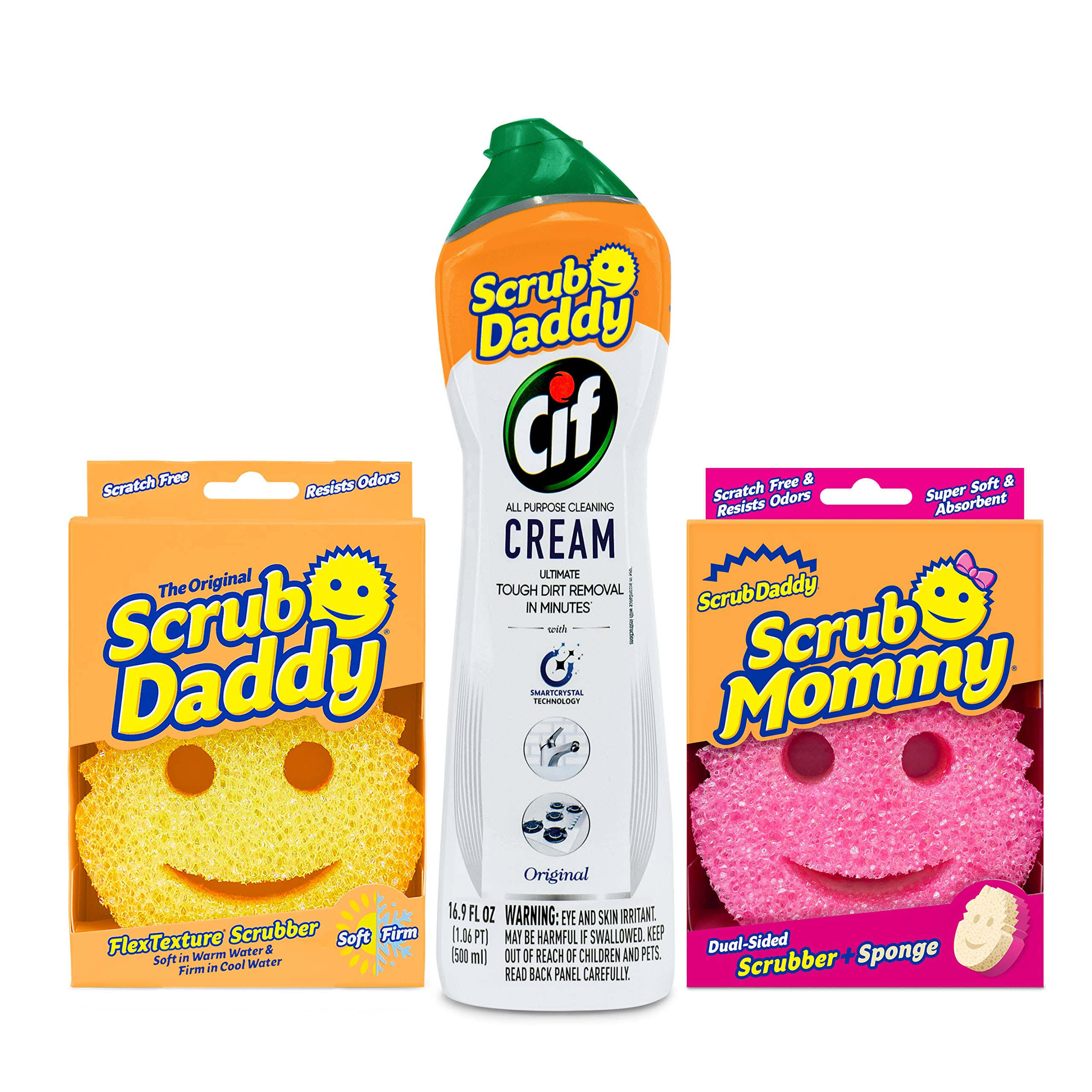 929b4ef38ab68b0f94bea600be8b77bd78850062bdcaa210906bfaf28eccbe7f.jpg Scrub Daddy Original Plus Mommy Sponge w/Cif 16.9 oz. All Purpose Cleaning Cream Original - Multi-Surface 3 Count Bundle, Multi-Colored - Image 1