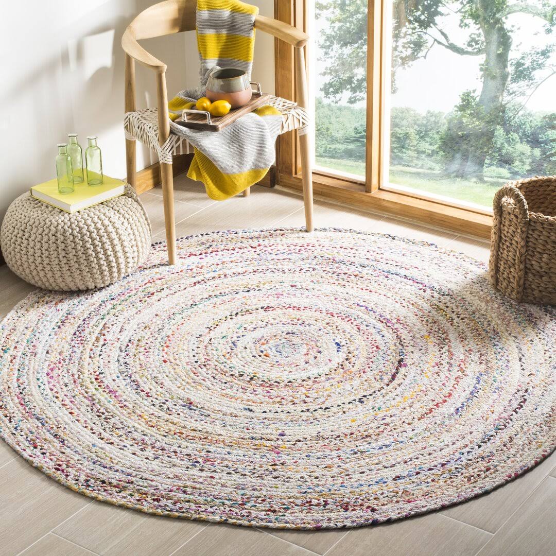 92ad80bbe750923cbf4fbf74f5344b2728cc67467c2449c268301dcd07d0ada8.jpg Bungalow Rose Hurst Hand-Woven Cotton Ivory Area Rug; Round 3' - Image 1