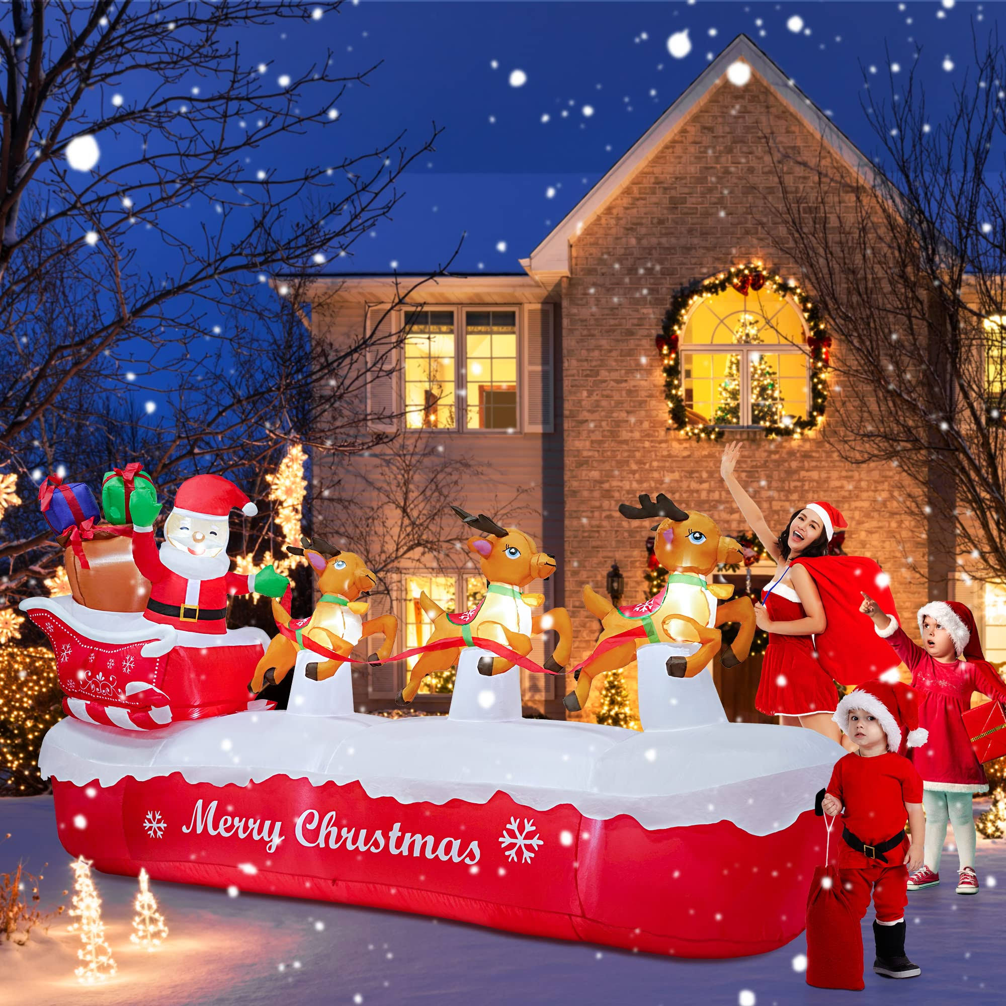 92f7ed4fc987efe7af24862411f04287498c650fc913897f3ece8ed3e5067727.jpg COOLWUFAN 10 ft Christmas Inflatables Outdoor Decorations Santa Claus on The Sleigh with Cute Elks, Blow Up Inflatable Yard Decoration Clearance - Image 1