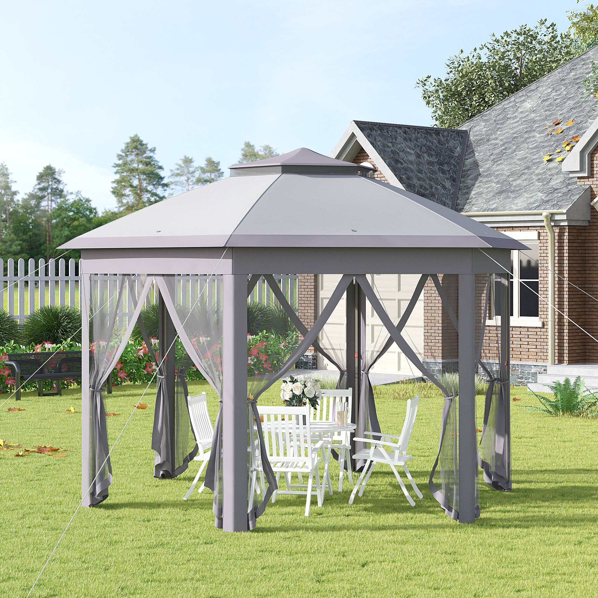 931b2c6dda36f6437163164451a22e724a2ce837ff26b53ed3b086e9debf500e.jpg Outsunny Pop Up Gazebo 13x11 Double Roof Canopy Zippered Mesh Sidewalls Adjustable Height Carrying Bag Patio Garden | Aosom.com - Image 1