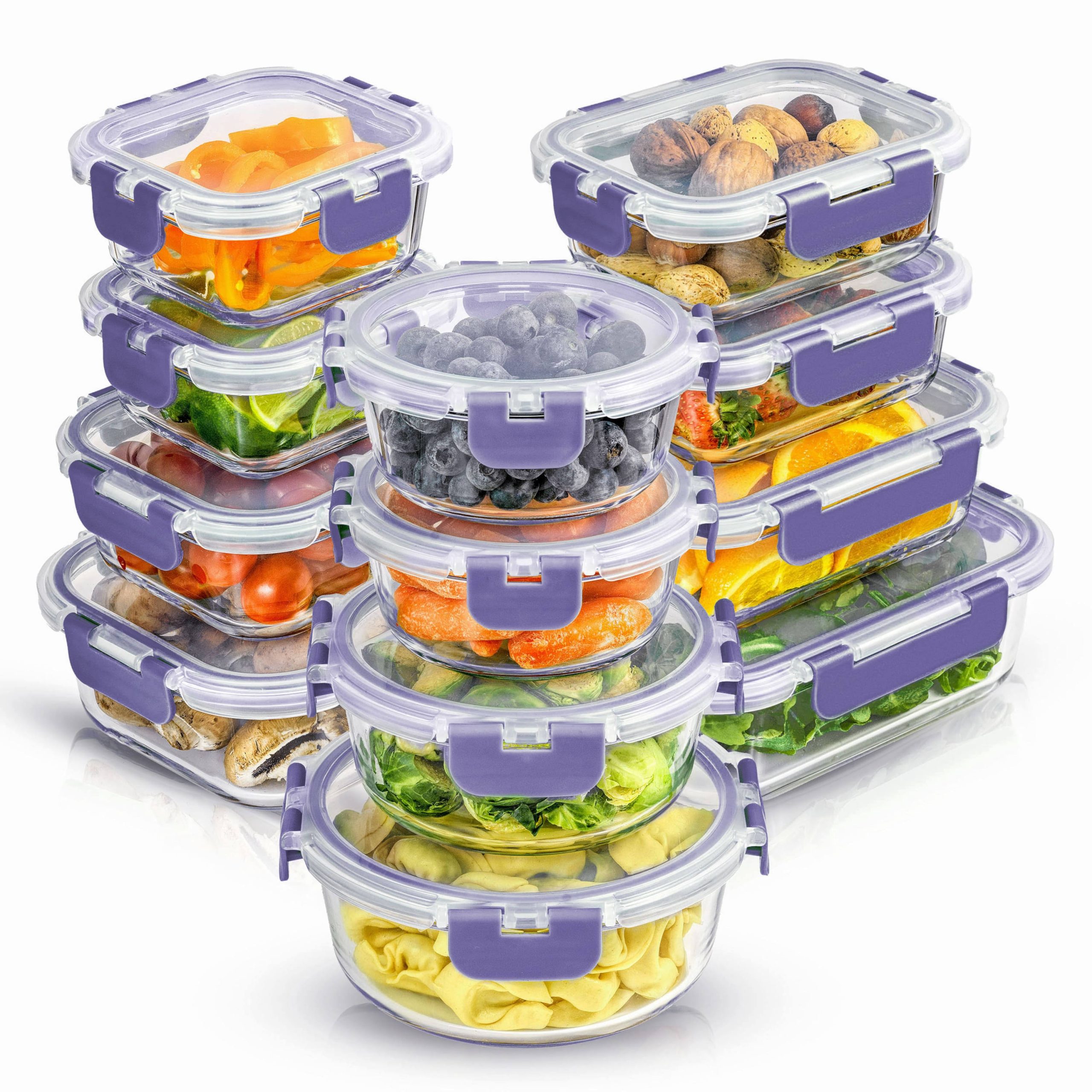 9321739a5ec19ded4d6b469d6690913d230bccbc523ef455c234217489ec526c.jpg Joyful by JoyJolt 24 Piece Glass Storage Containers with Leakproof Lids Set - Purple - Image 1