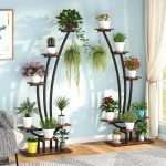 Tribesigns 6 Tier Metal Plant Stand Pack of 2, Multi-Purpose Curved Plant Display Shelf with 2 Hanging Hooks - Rustic Brown & Black