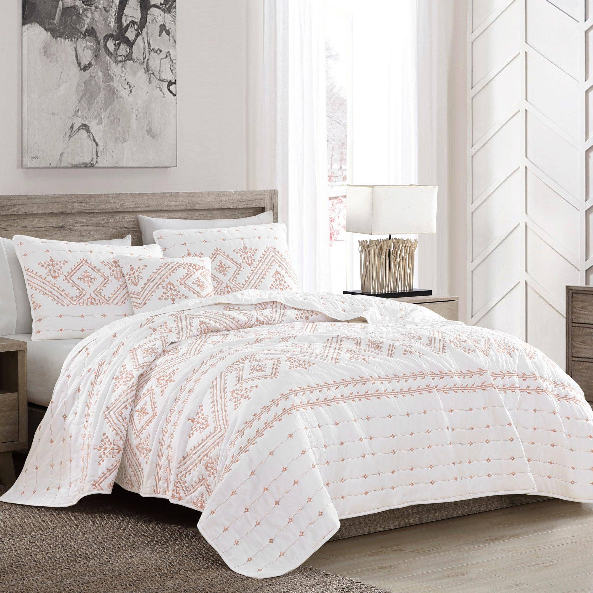 93703825a9d1f9249c57e65e3689a664217528d1ab79a87bdfb9a954911797f5.jpg Brielle Cross Stitch Quilt Set, Twin, Coral - Image 1