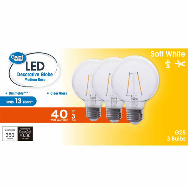 9435a204d19210942746557d631dba9b1c0531d1612c5686717639f6727c6c96.jpg Great Value G25 LED Bulb, 3-Watt (40w Equivalent) Soft White Decorative Globe E26 Base Dimmable3 Pack - Image 1