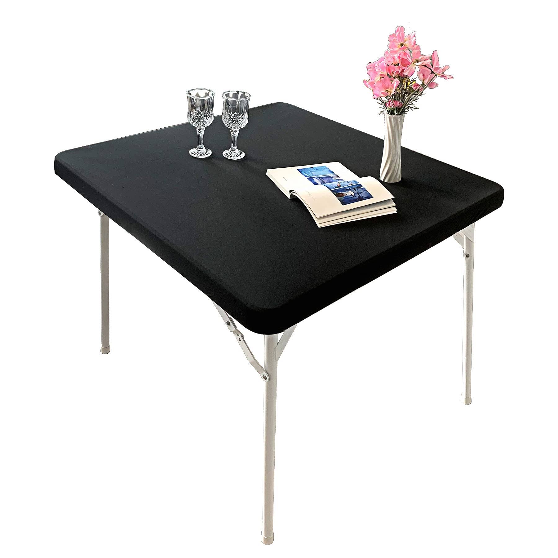 9436648c59df1d2c3fe549def5570c2b6000adb74d34eca33b2100c9de894ff5.jpg Monibana Cocktail Fitted Spandex Stretch Square Table Covers Caps Elastic Square Tablecloth Black Table Topper 36x36 inch - Image 1