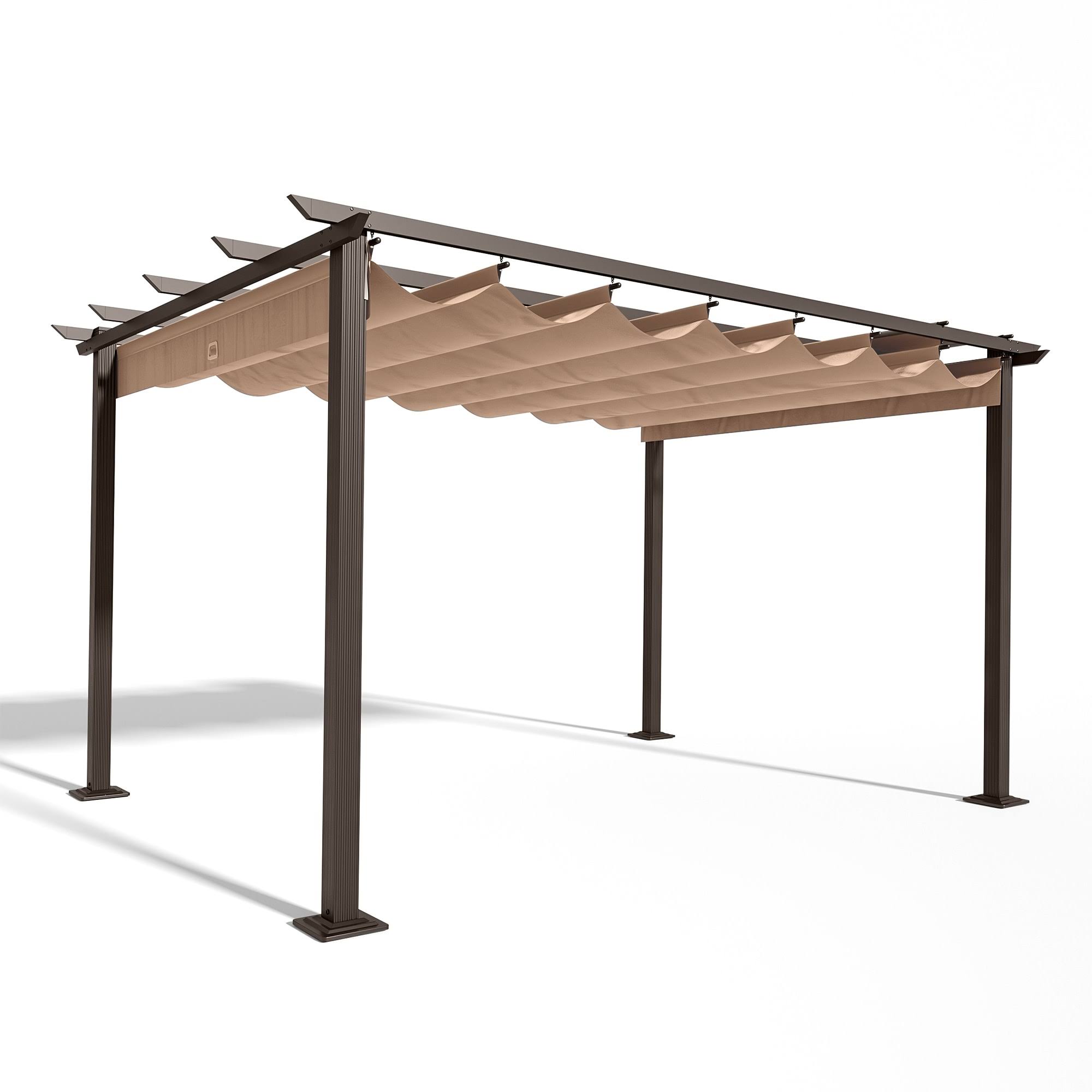 946e6705df8b5f982cbdd3ddaeb8b760912ad3853dda007a2419a58a5565018e.jpg 10 ft. x 13 ft. Aluminum Outdoor Pergola with Retractable Shade Canopy - Brown - Image 1