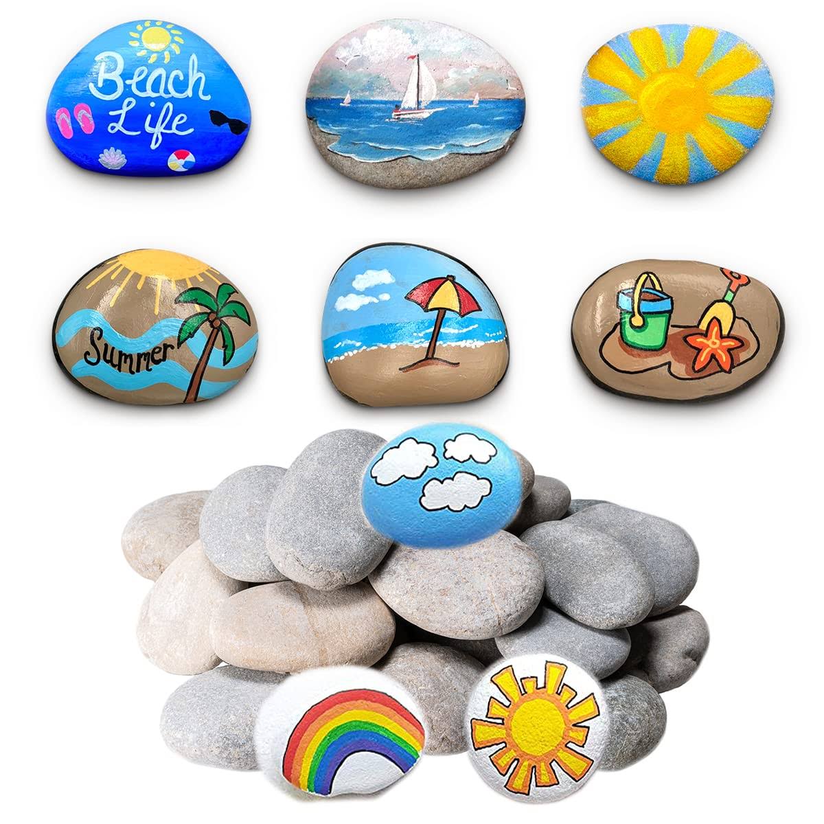947d876ed2aff249739401f69156561d63e5fbee630e546e008a43934a58cd69.jpg DECORKEY 24pcs River Rocks for Painting, Summer Decorations Garden Decor, Smooth Unpolished Kindness Rocks for Arts & DIY, 2-3in - Image 1