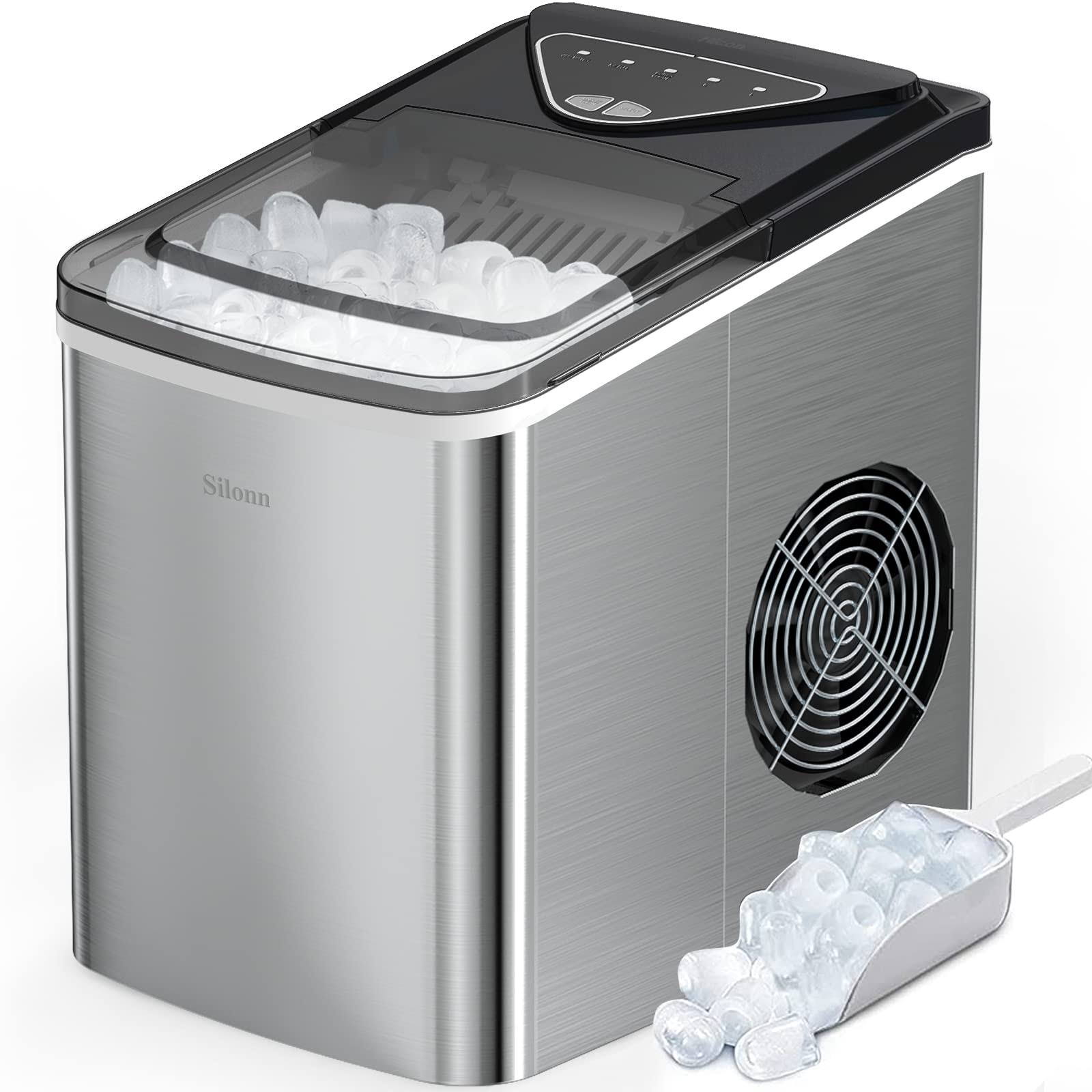 94839b51f7fac33b4c457267b78241b5a04046b3b6fe0eaf40cebb9c844fa356.jpg Silonn Ice Makers Countertop, 9 Cubes Ready in 6 Mins, 26lbs in 24Hrs, Self-Cleaning Ice Machine with Ice Scoop and Basket, 2 Sizes of Bullet Ice - Image 1