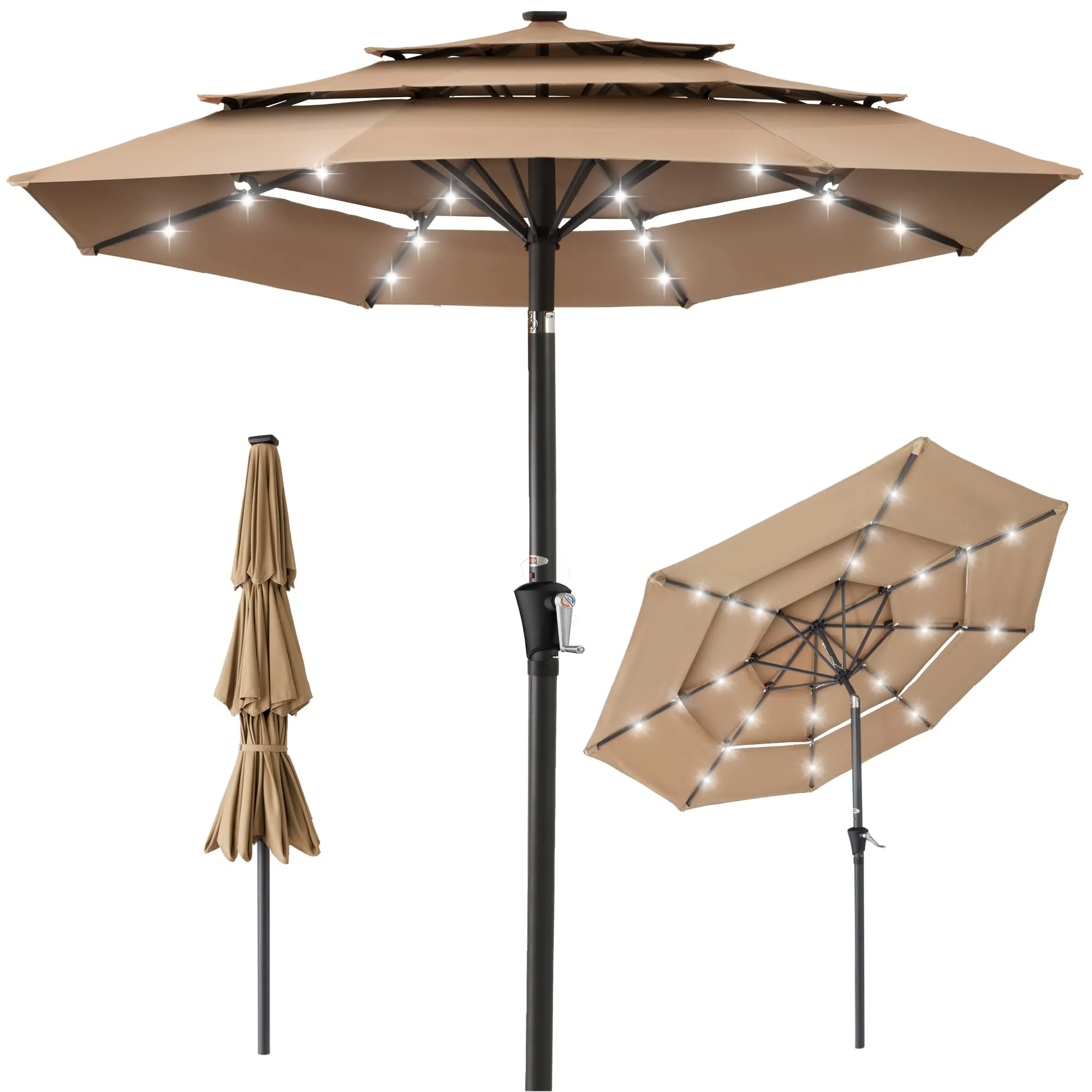 95116ac25bd354962ffc2102ded5fc0507c5985d283d3533aa4834a9cd1fbc00.webp 10ft 3-Tier Solar Patio Umbrella. Outdoor Market Sun Shade for Backyard - Image 1
