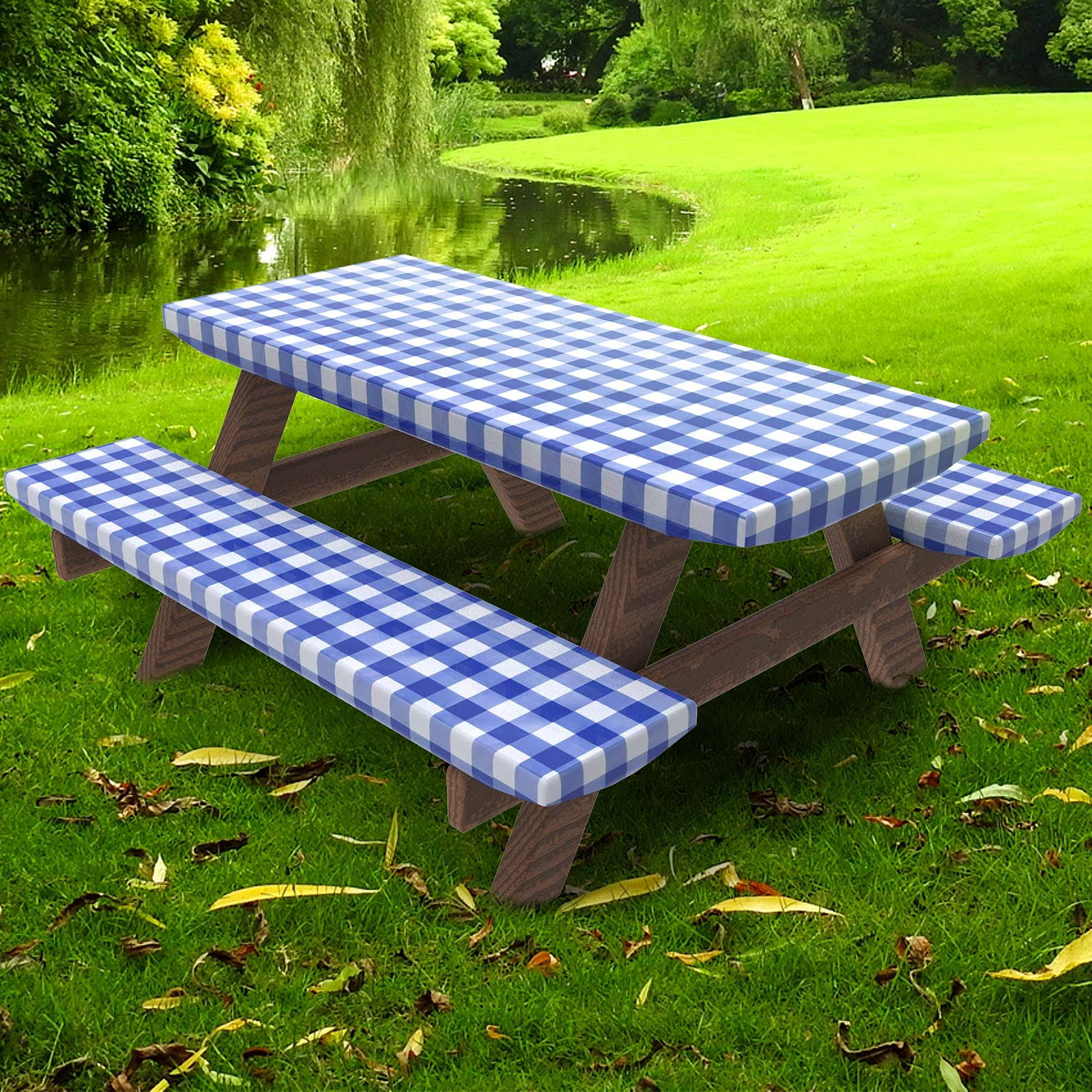 955d929082de52beedb54d305a702fdbf36df203f429ba1da7bce73a77c60547.jpg Umineux Rectangle Picnic Table Cover with Bench Covers, Fitted Vinyl Tablecloth for 6 ft Tables, Waterproof, Flannel Backing, Elastic Edge (30 x 72 - Image 1