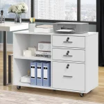 DEXTRUS 3 Drawer Wood Lateral Filing Cabinet with Locks, Printer Stand Storage File Cabinet with Shelves for Home Office, White
