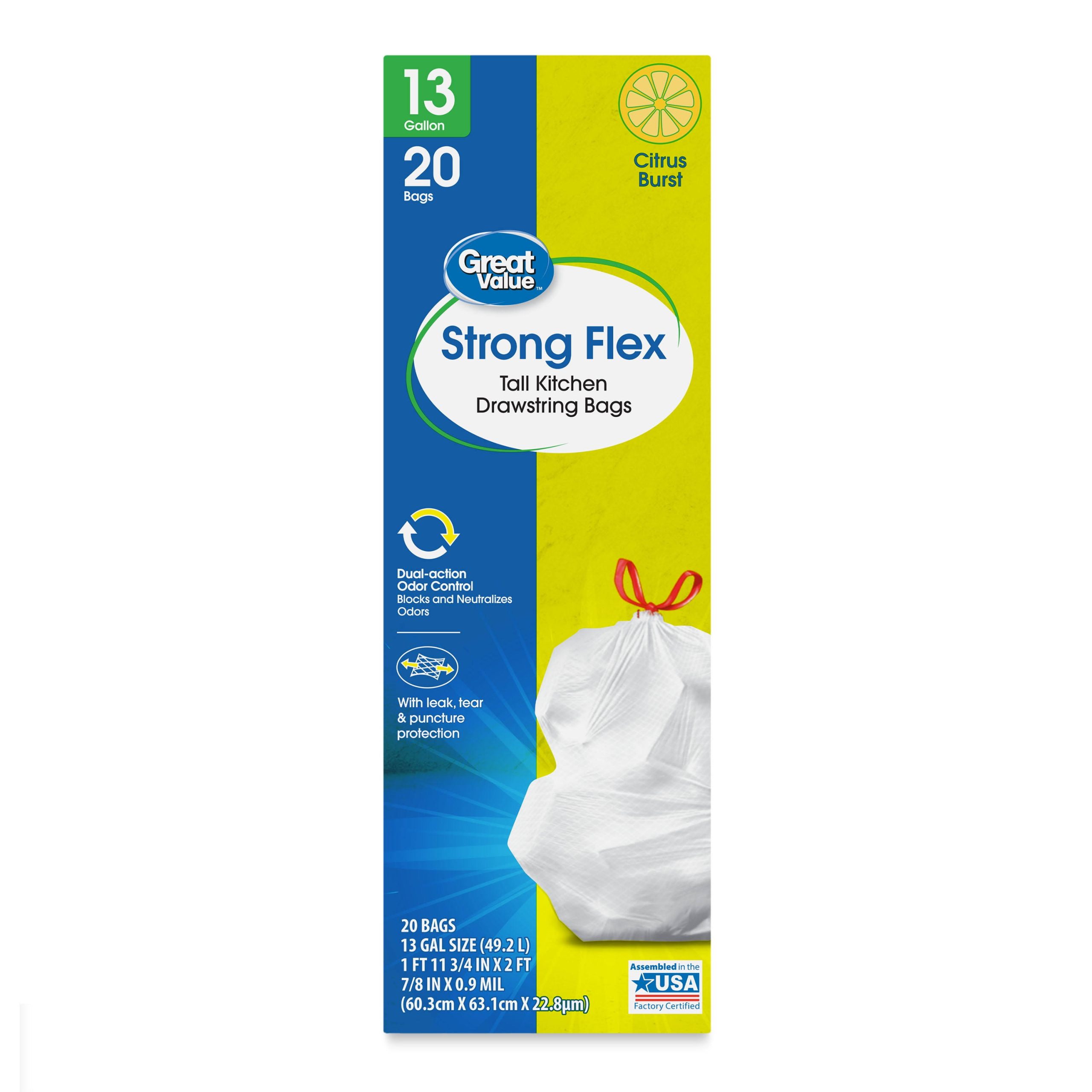 95c5972156b27e24ca80f3038429aef814b07b3304d00d8722144d5913725283.jpg Great Value Strong Flex 13-Gallon Drawstring Tall Kitchen Trash Bags, Citrus Burst, 20 Count - Image 1