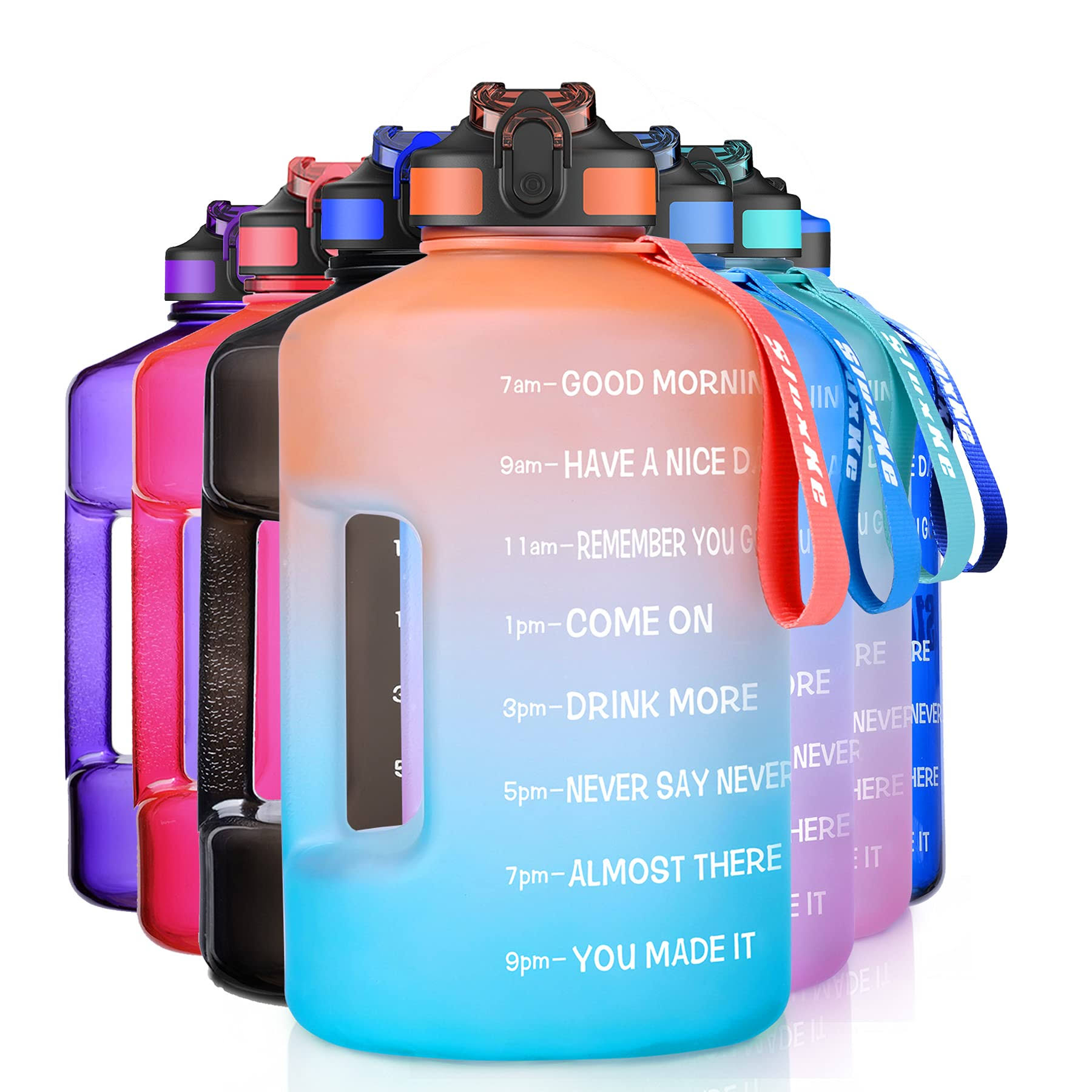 95f55af086eabed3540bac9a6c376f0c6673520ad3521d2a10818b7f019d6a40.jpg SLUXKE Gallon Water Bottle Jug with Straw BPA Free, 128oz Sport Water Jug with Time Marker and Handle Click Pop Up Drinking Bott - Image 1