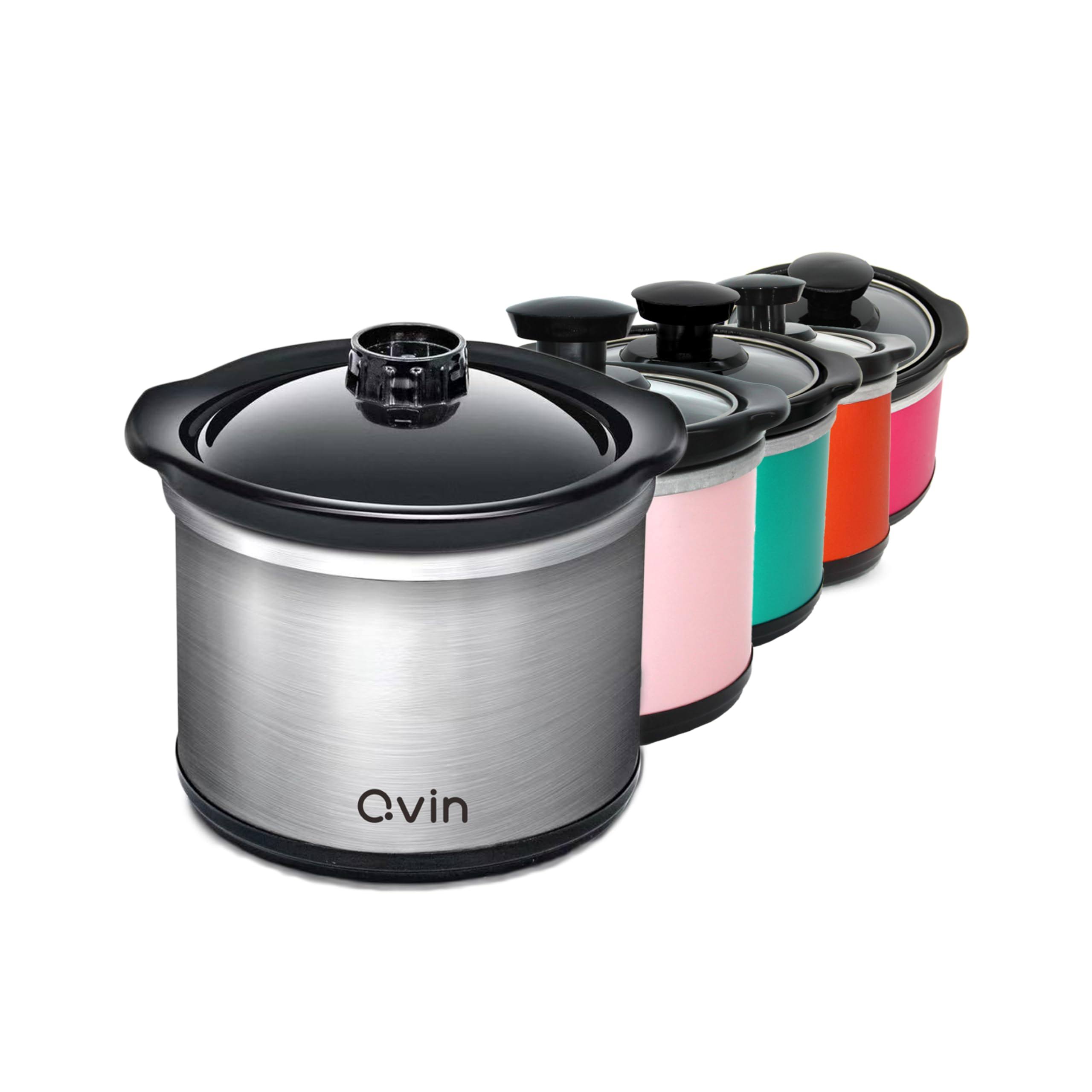 960001af964f4a98355f73dc47ee8547adb0d829d8fcf1e2fd0bd7c96b96ac99.jpg Qvin 0.65-qt Mini Round Slow Cooker, Fondue Melting Pot Warmer with Diswasher-safe Stoneware Crock, Glass Lid, Stainless Steel and Black - Image 1