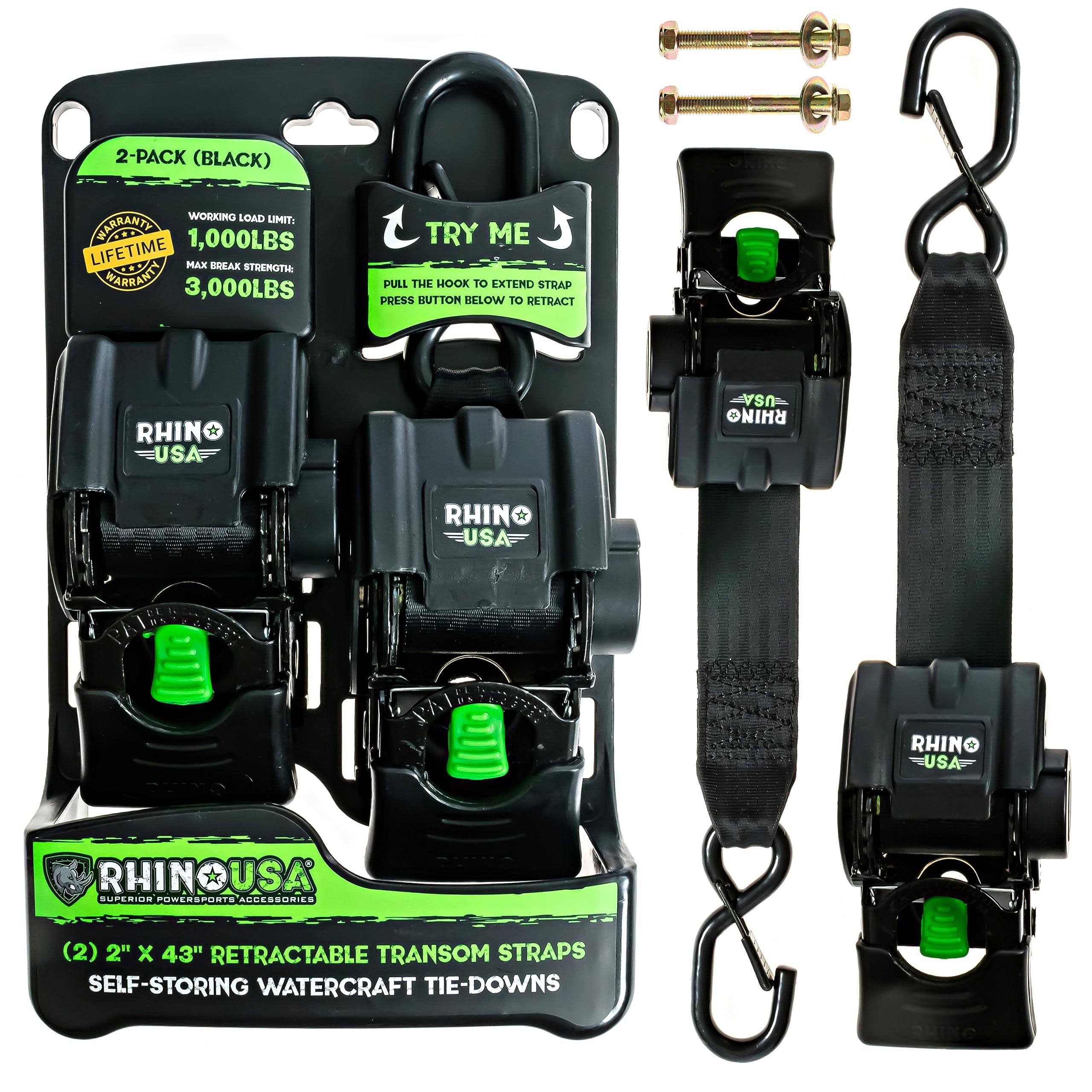 9654ce24f51eb666bf249fbaa2d678566c1621ff0a75ef2113276e511675ac96.jpg Rhino USA Retractable Transom Tie-Down Straps (2-Pack) - 1,800lb Guaranteed Max Break Strength, Heavy Duty 2" x 43" Marine Trailer Tie Downs for - Image 1