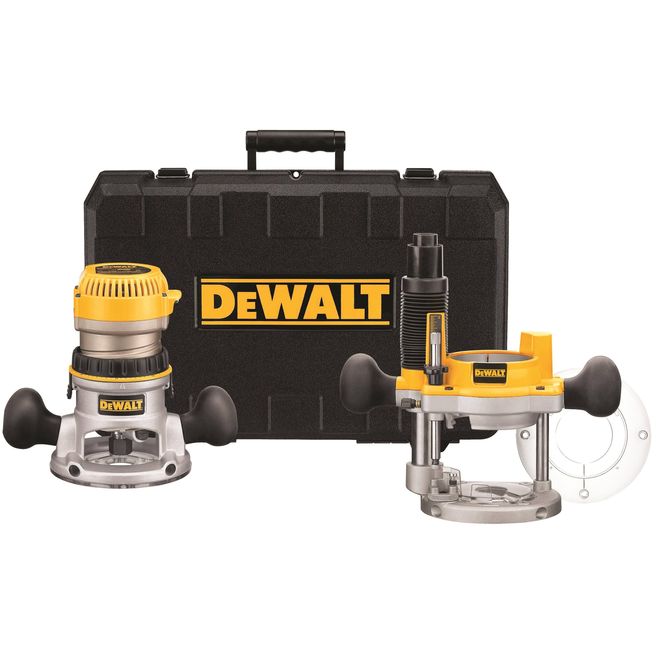 968e13a1e3c074cc5a89a168abbd8474e172be5b8f17e5d42d7f5d10017fd221.jpg DeWALT- 2-1/4 HP Fixed Base/Plunge Router Combo Kit DW618PK - Image 1