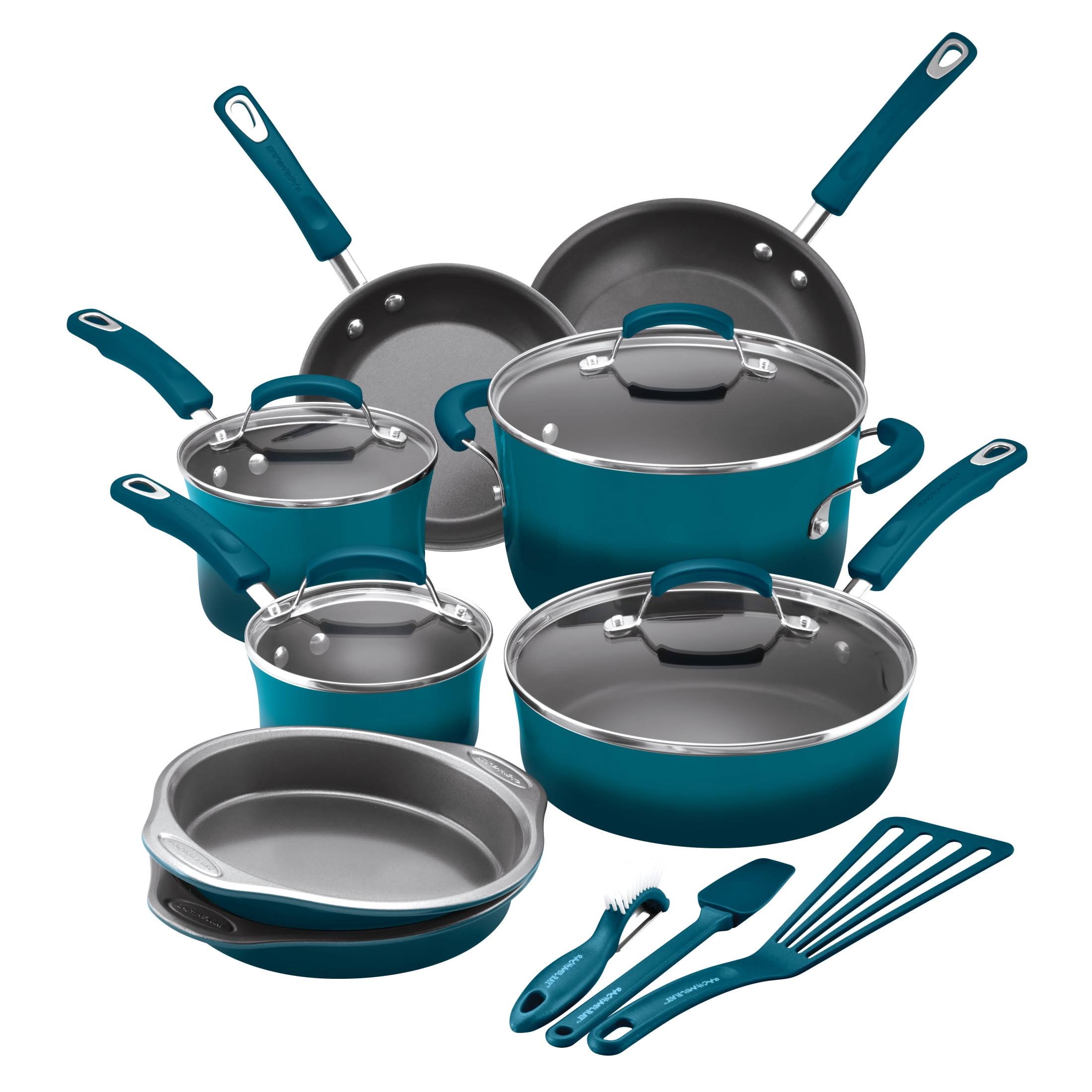 96cc79d33ce14ef35701657d8ce5ff009c5afc8f4c93f238acb4a2ced73ab354.jpg Rachael Ray 15-Piece Hard Enamel Aluminum Nonstick Cookware Set, Marine Blue - Image 1
