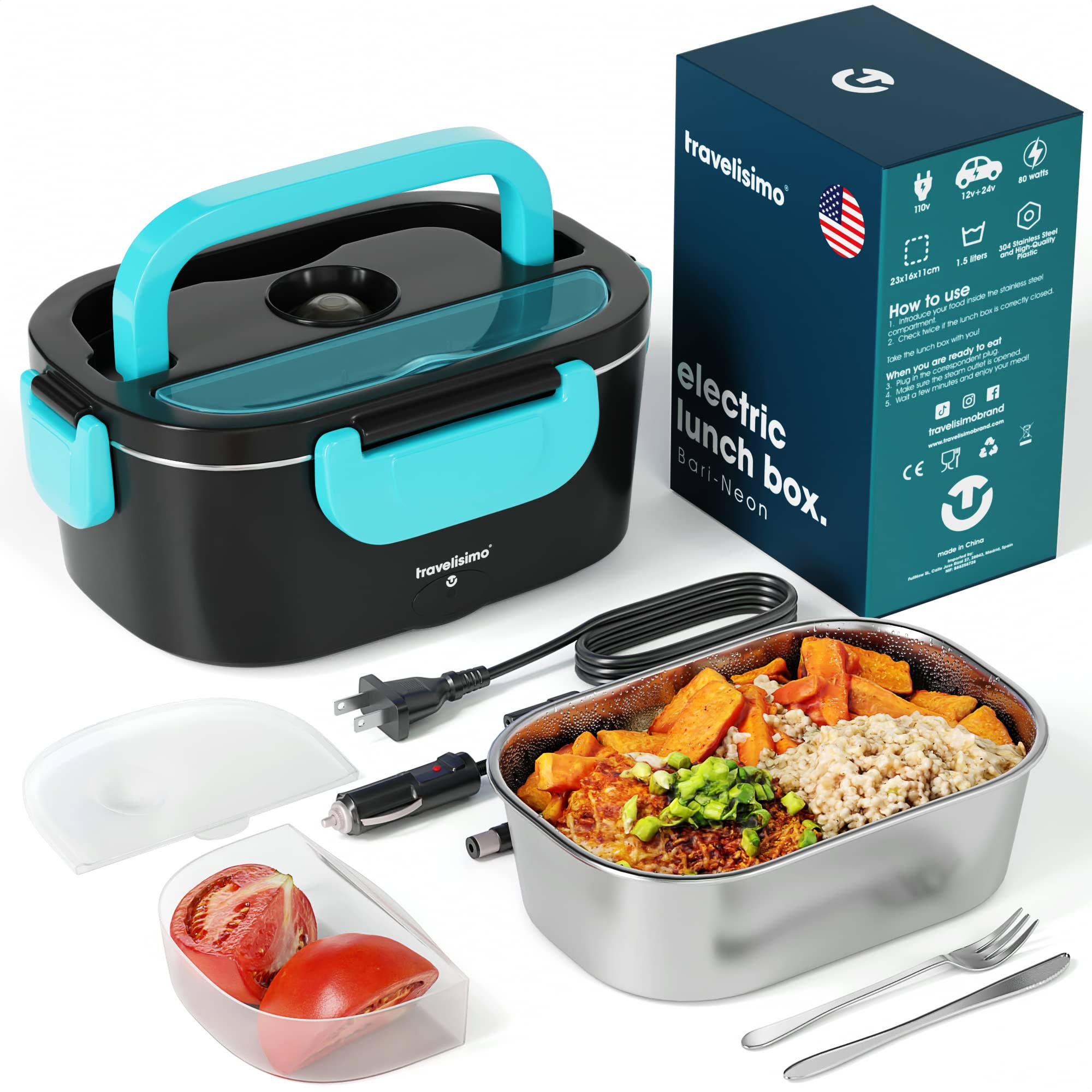 96ce0c7012ca893900766901495618e1823a3c2688e08090230d1958ad69f1a2.jpg TRAVELISIMO Electric Lunch Box for Adults 80W, Fast Portable Heated Lunch Box 12/24/110v 1.5L Food Warmer Lunch Box, Leakproof, SS Container, for - Image 1